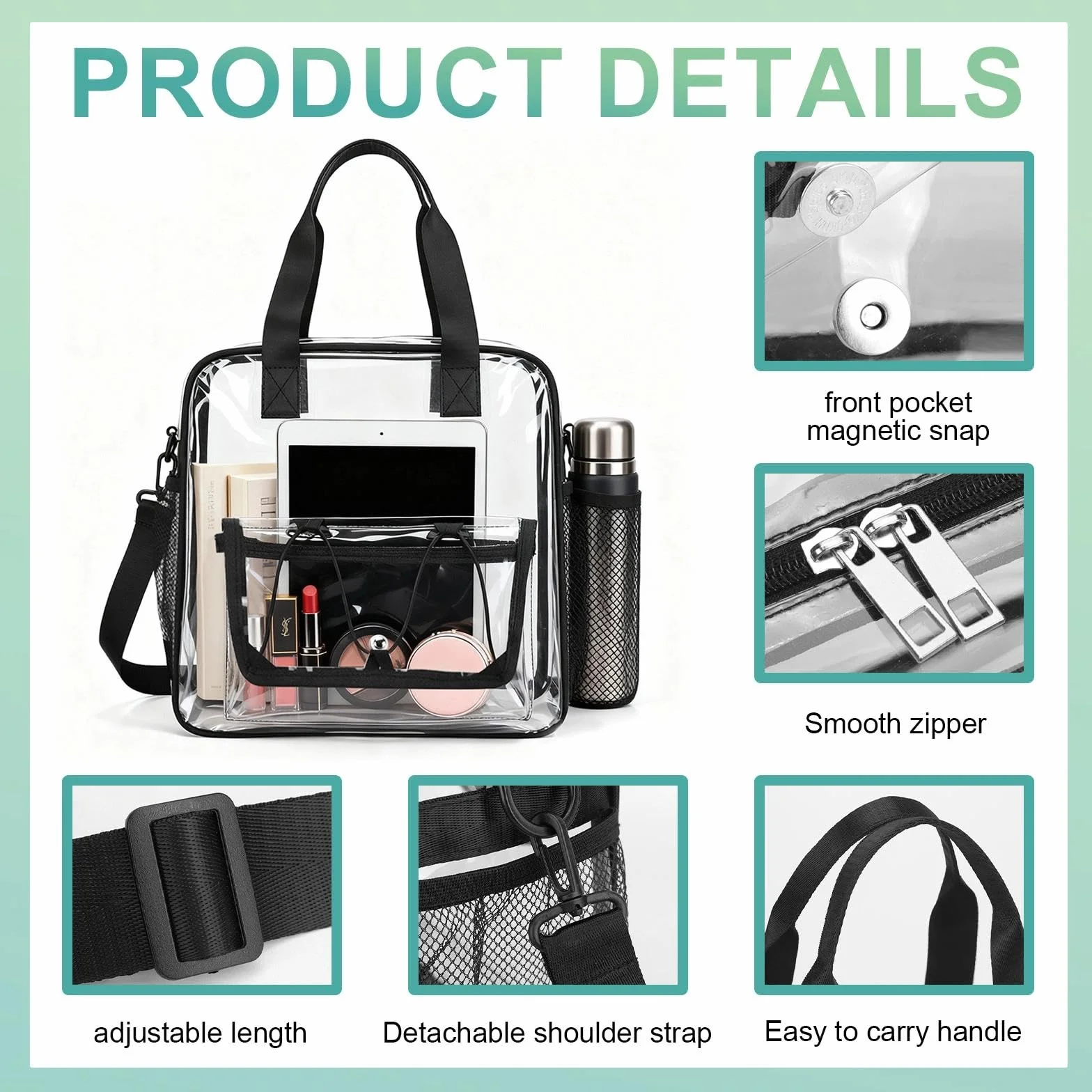 Sac Transparent Fourre Tout en PVC 30x30x13 cm Bandoulière Clear Bag pour Sports