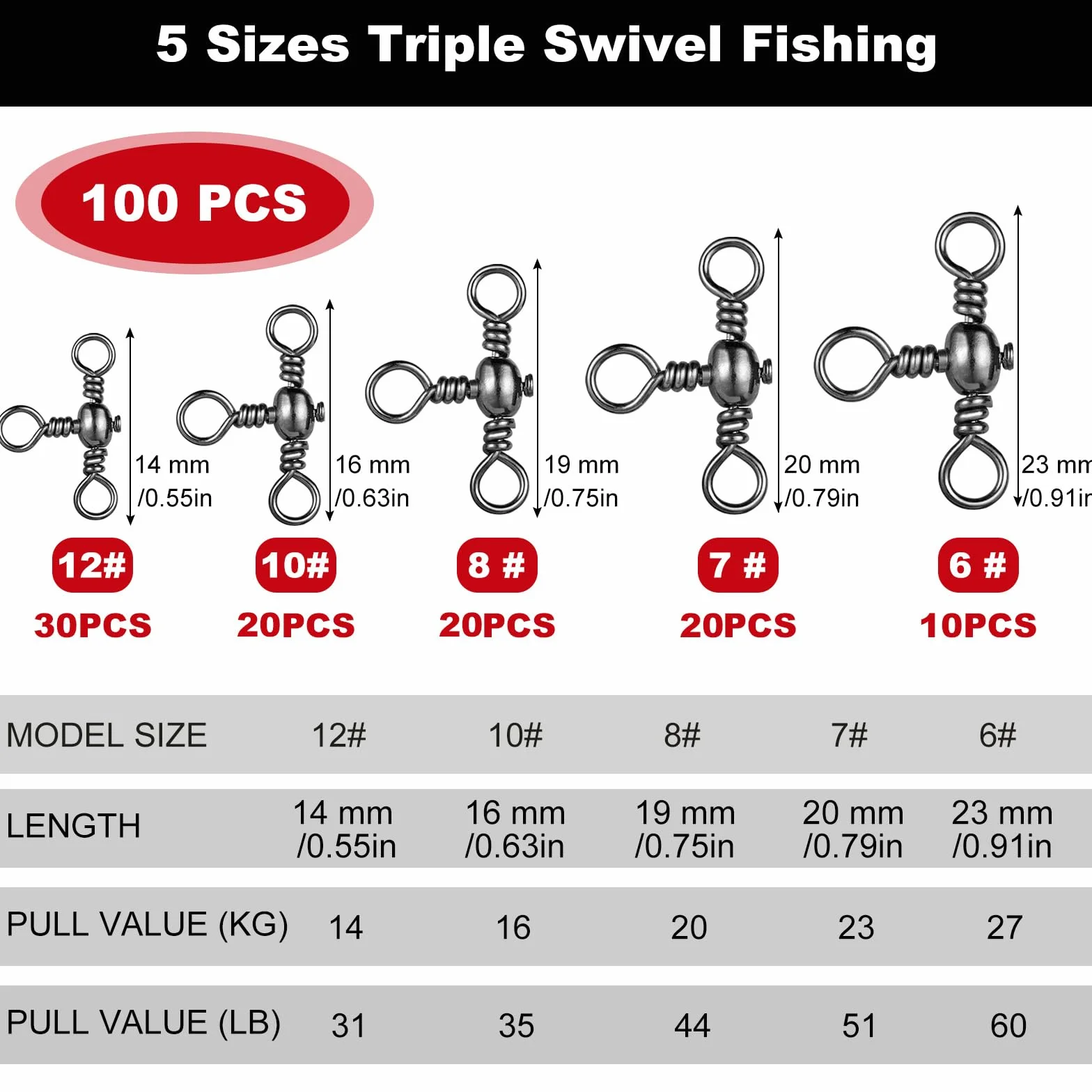Émerillons de Pêche à Trois Voies en Acier Inoxydable 100 Pièces 6# 7# 8# 10# 12#