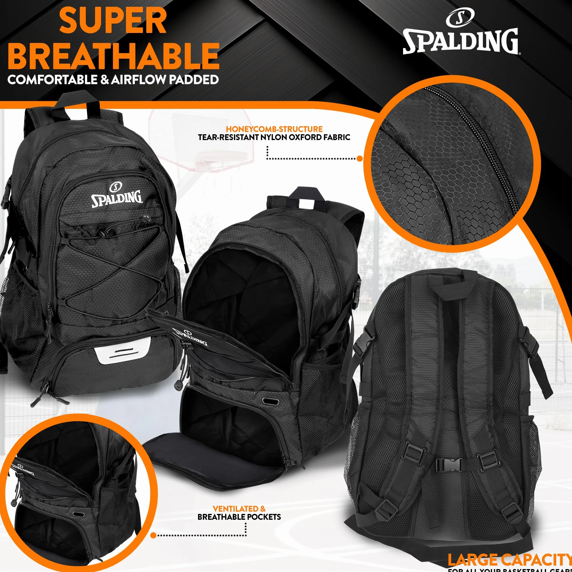 Spalding Sac à dos de basket-ball noir avec compartiment à chaussures et ballon
