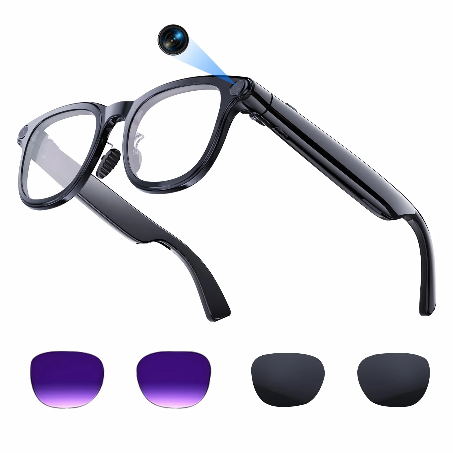 Lunettes intelligentes AI avec caméra 4K, lunettes Bluetooth anti-secousses de 8 MPW, enregistrement vidéo 1080p, réduction du bruit, traduction en temps réel et interprétation simultanée