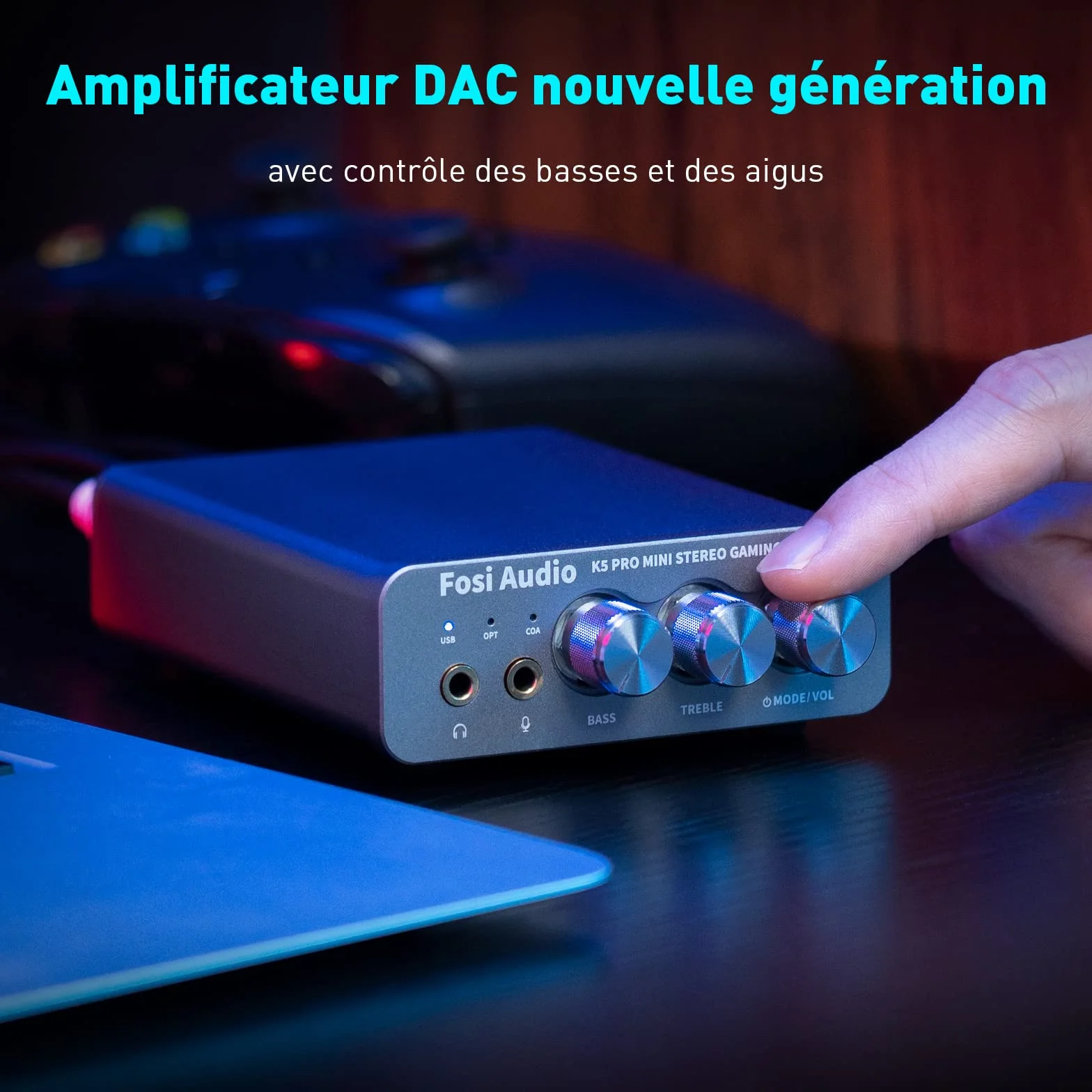 Fosi Audio K5 Pro Amplificateur Casque USB C DAC HiFi, Entrées USB/Optique/Coaxiale/Microphone vers Sortie AUX/RCA 3,5 mm, Ampli DAC de jeu Haute Résolution pour PS5/PC/MAC/Haut-Parleurs Actifs