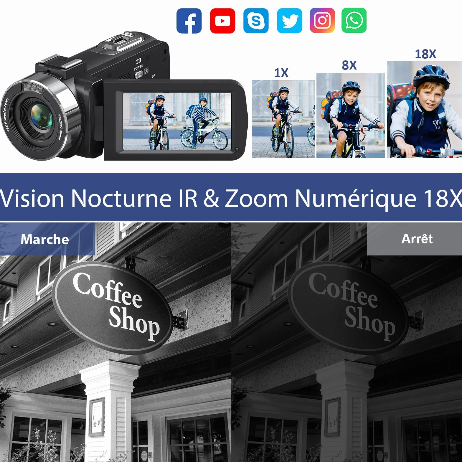 Caméscope 4K Caméra Vidéo HD 80MP 30FPS Vision Nocturne Infrarouge Zoom Numérique 18X Webcam Camescope, 3,0’’ Pouces Rotation à Écran IPS Vlogging Camera pour Youtube avec 2 Batteries, Carte SD 32Go
