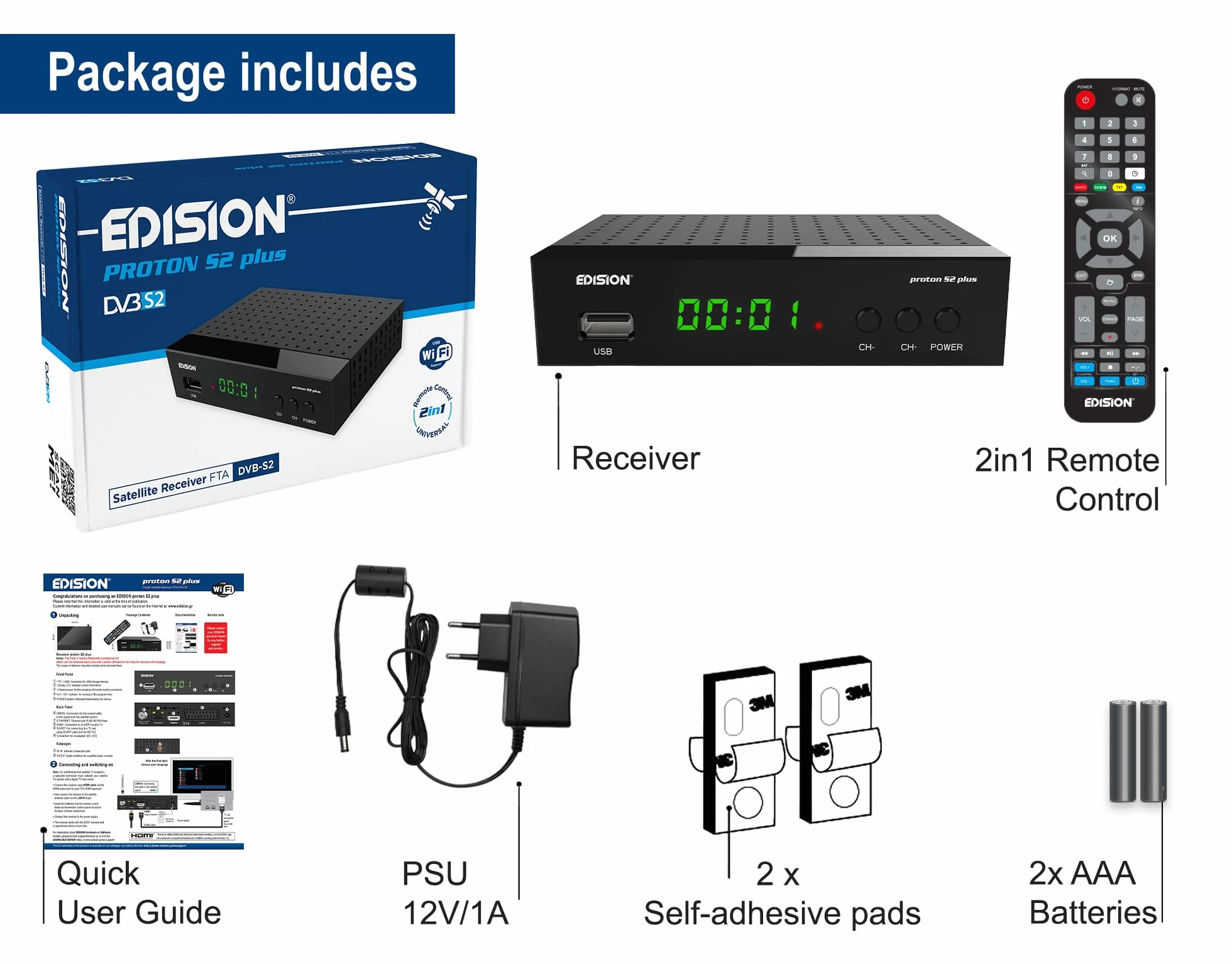 EDISION Proton S2 Plus Full HD Récepteur Satellite DVB-S2 FTA Unicable USB Wi-Fi LAN HDMI