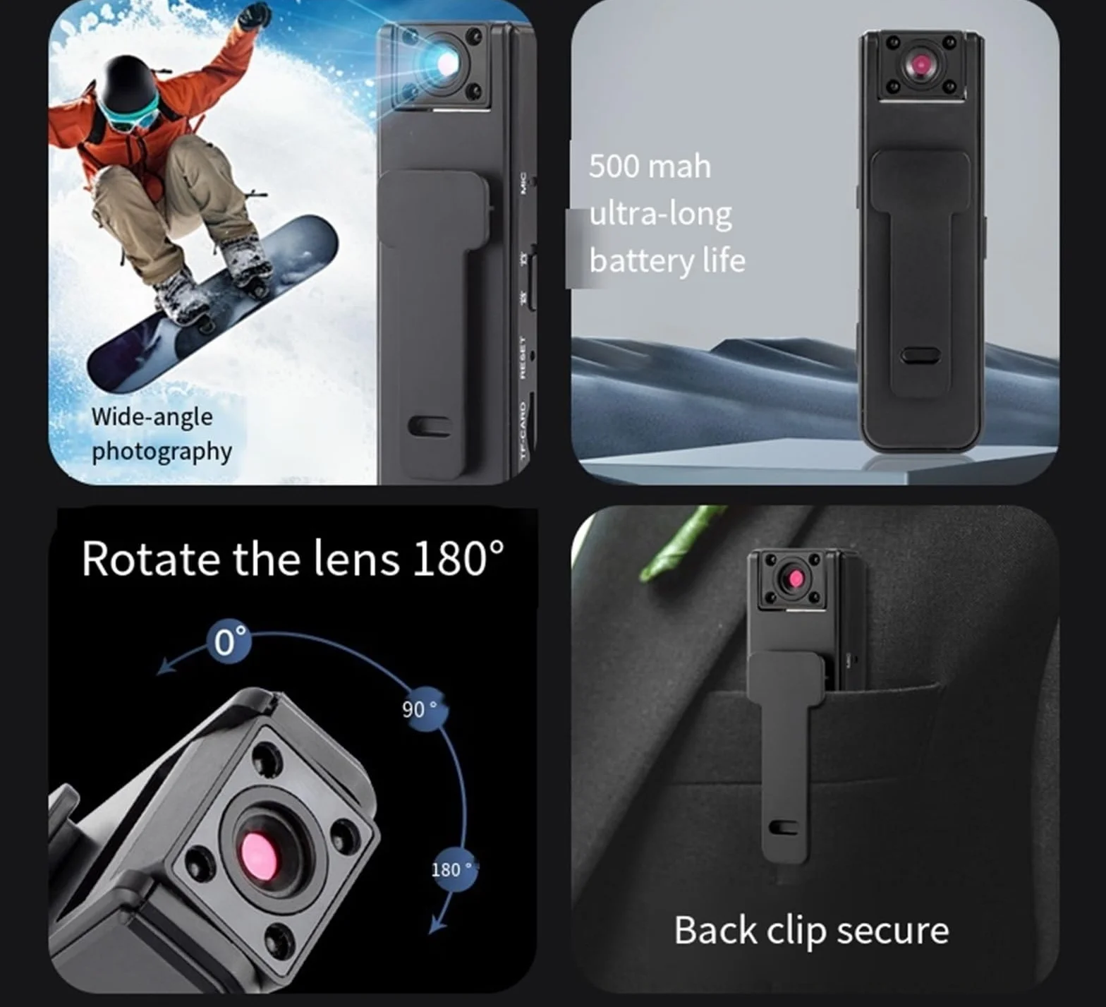 Dodorado Enregistreur Audio Vidéo Sport Ultra HD 2 en 1 Caméra d'Action Grand Angle 1080p Vision Nocturne Autonomie 5 h Caméra Corporelle Portable Clipser