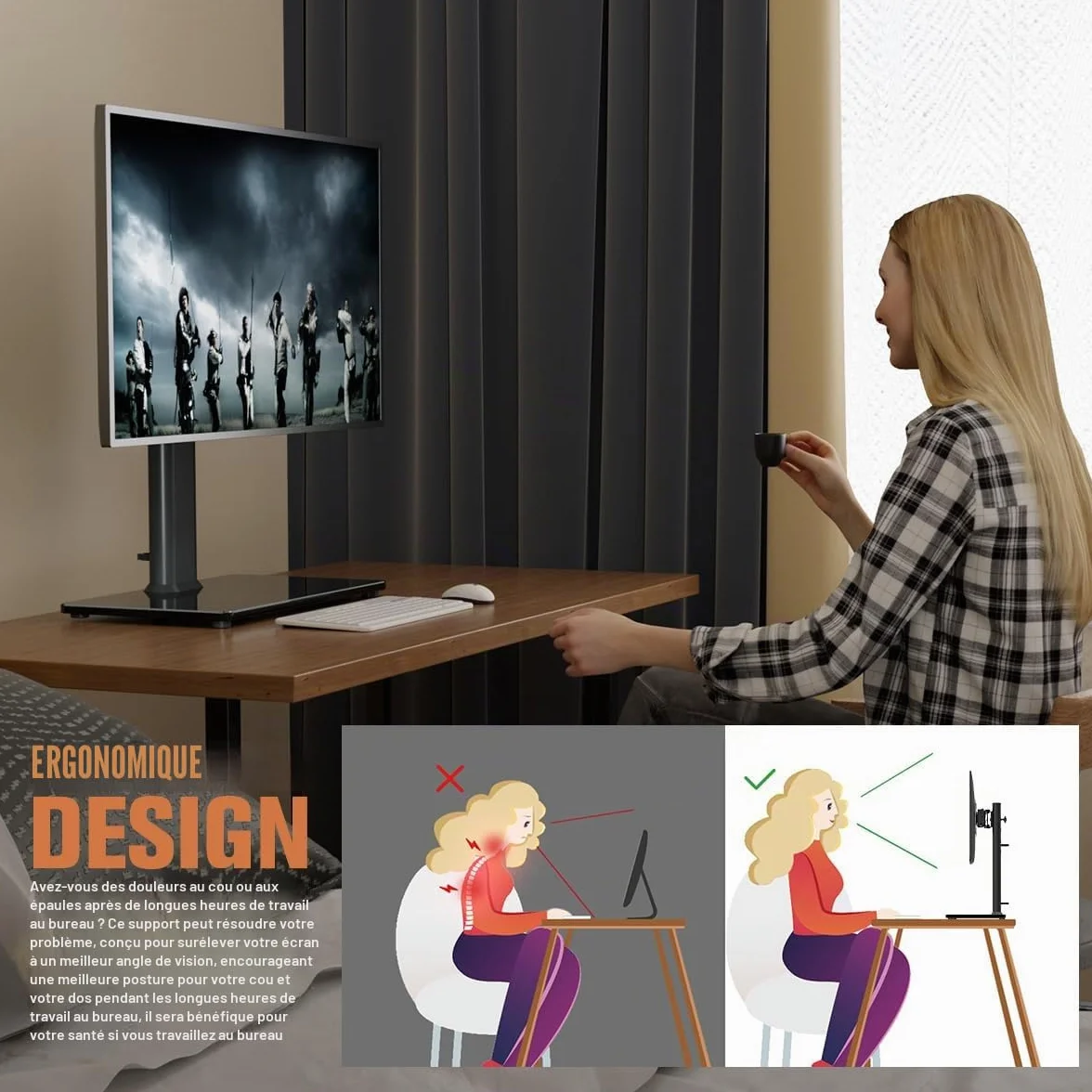 Hemudu Support de Bureau Simple pour écran LCD 13"-32" avec Pivot, Hauteur réglable, Rotation, 35 kg
