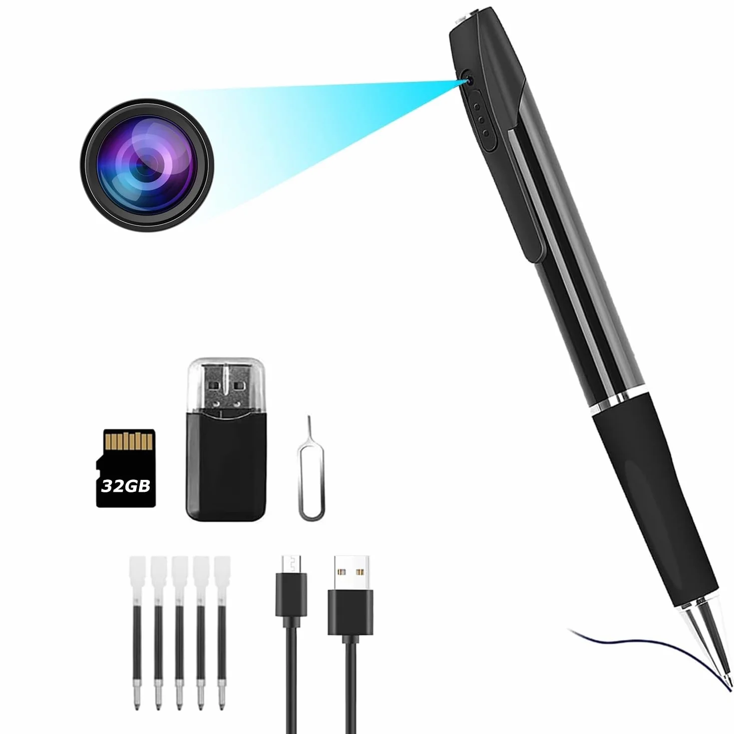 Mini Camera Espion, 1080p HD Caméra Cachée Stylo Mini Caméra de Poche Surveillance Spy Camera avec Enregistrement Vidéo Prise de Photo et 90 Mins d'Autonomie