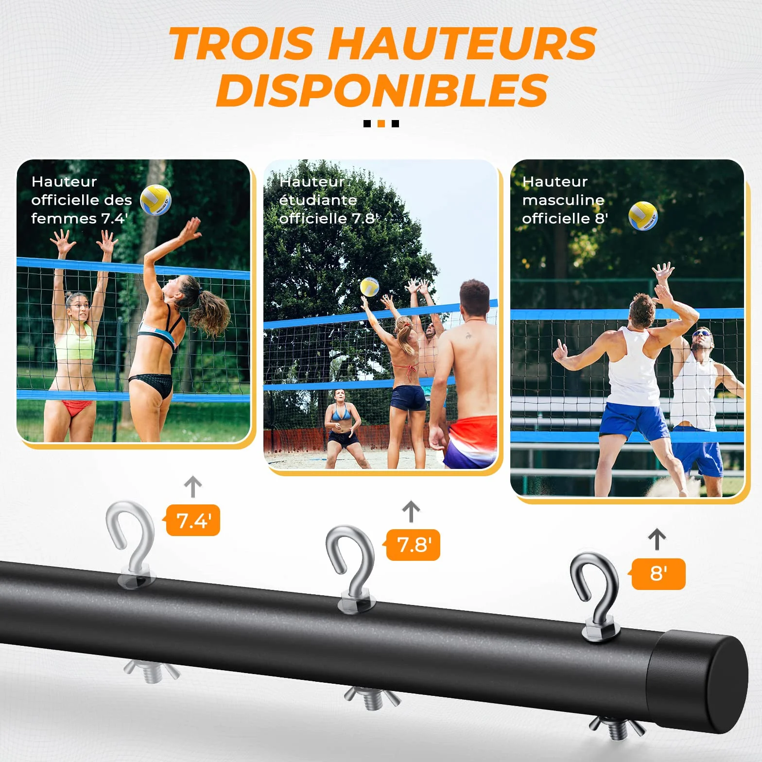 Filet de Volleyball Professionnel Plein Air 9.75M x 0.9M avec Poteaux Acier Hauteur Réglable
