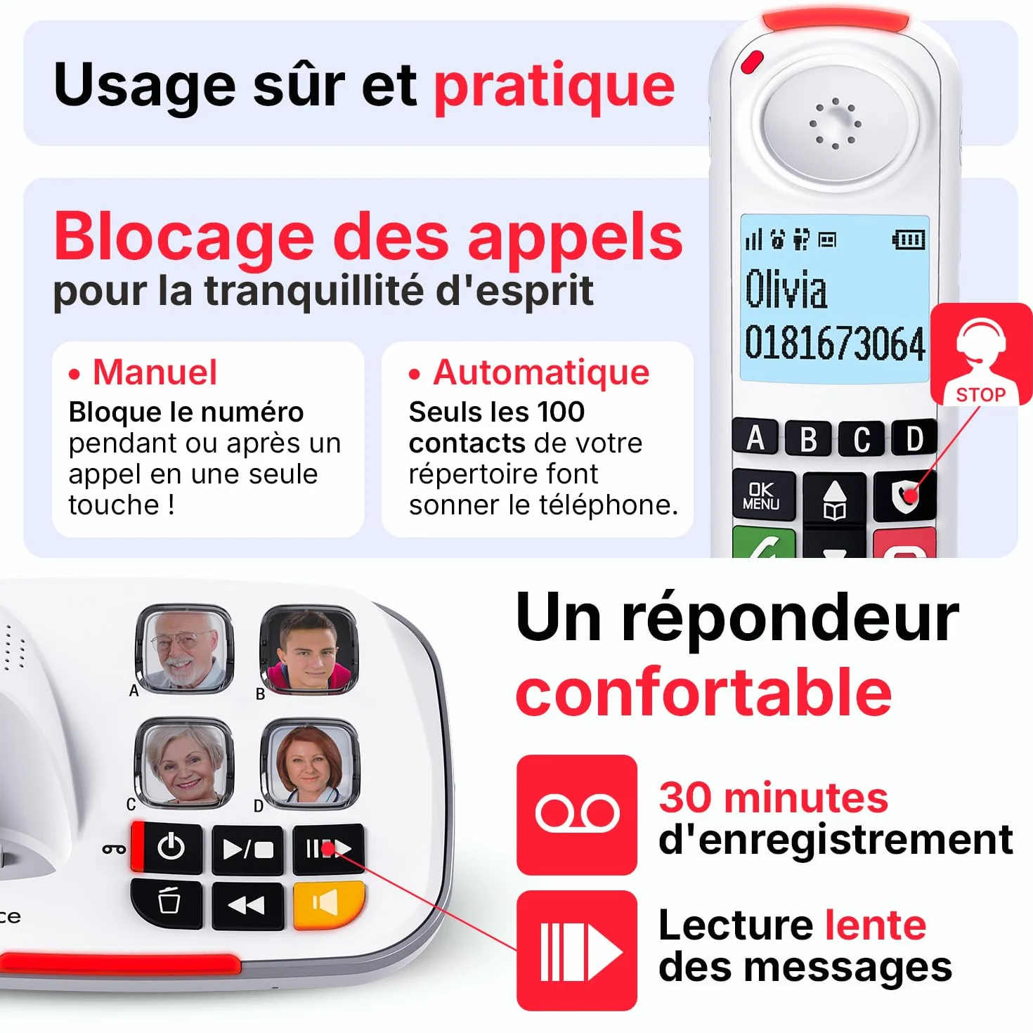 SWISSVOICE Xtra 2355 Téléphone Fixe Sans Fil DECT Larges Touches Répondeur Blanc