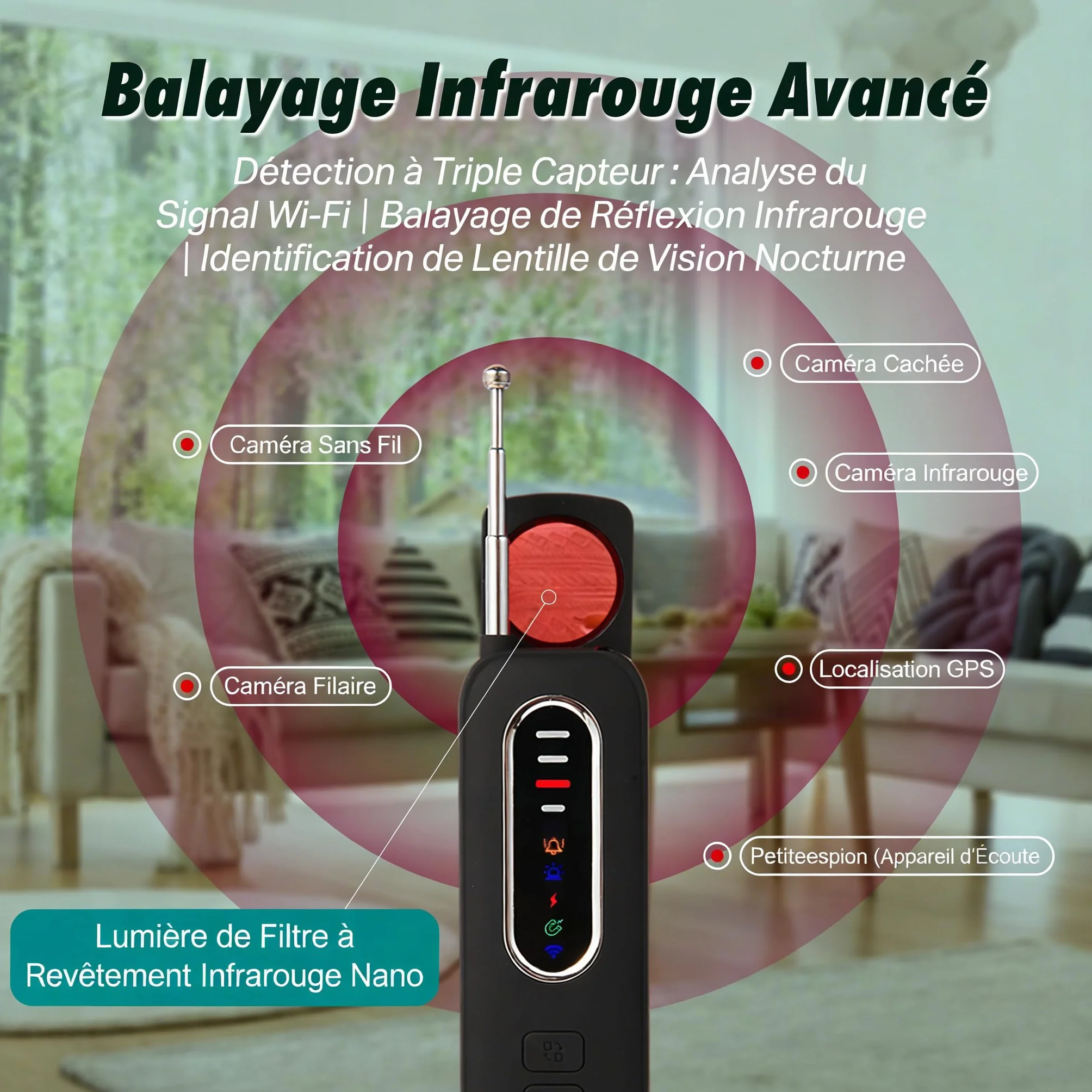 Détecteur de Caméra Cachée 6 en 1 Detecteur Micro Espion Anti-Espion Bug Détecteur GPS Tracker pour Bureau, Hôtel, Maison, Alarme de Sécurité
