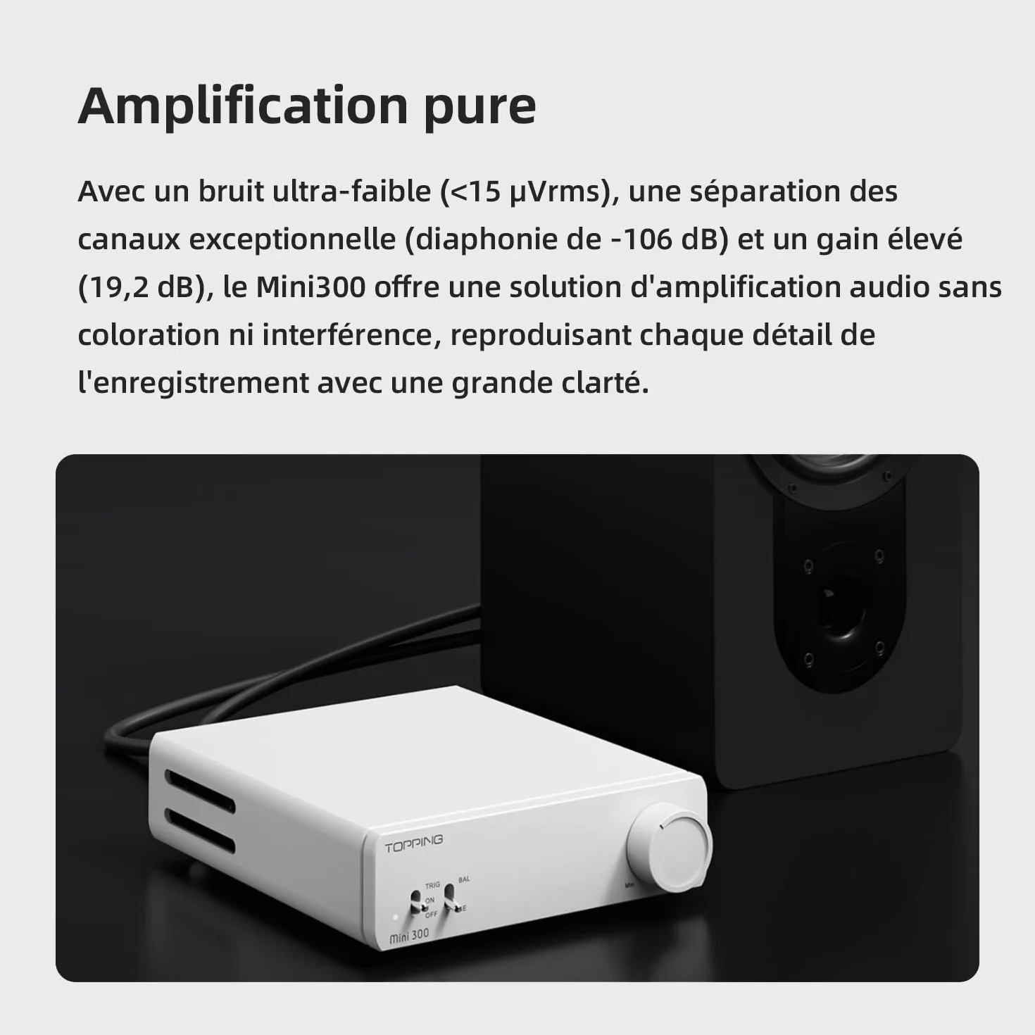 Topping Mini300 Amplificateur de bureau entièrement symétrique 140 W Compact Classe D Amplificateur de bureau avec entrée RCA/TRS, amplificateur Hi-Fi pour enceintes domestiques, argenté