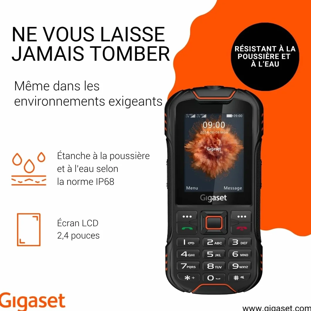 Gigaset GLX8 Plus Téléphone Portable à Touches 4G Robuste IP68 Double SIM Bluetooth 5.0 Écran LCD 2,4" Noir/Orange