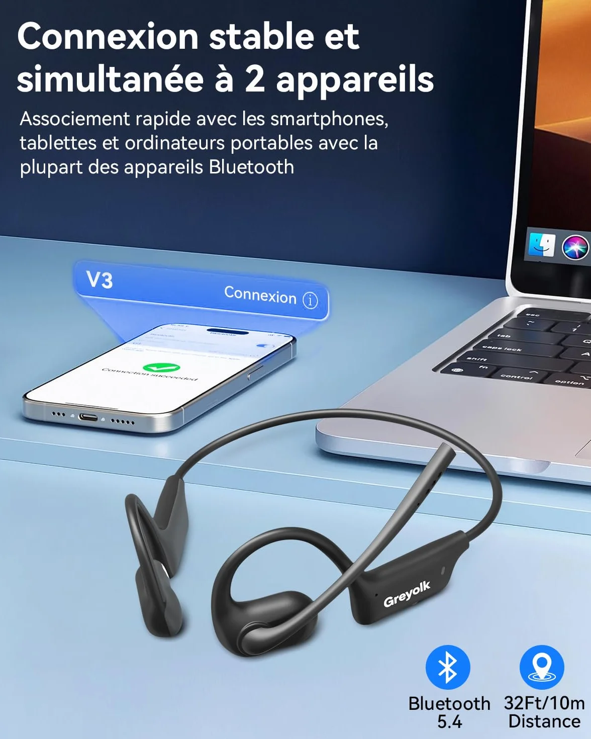 Casque Bluetooth à Oreilles Ouvertes, Microphone antibruit AI, Casque sans Fil à Conduction d'air, Batterie de 10 Heures, Design léger de 32 g pour Le Travail