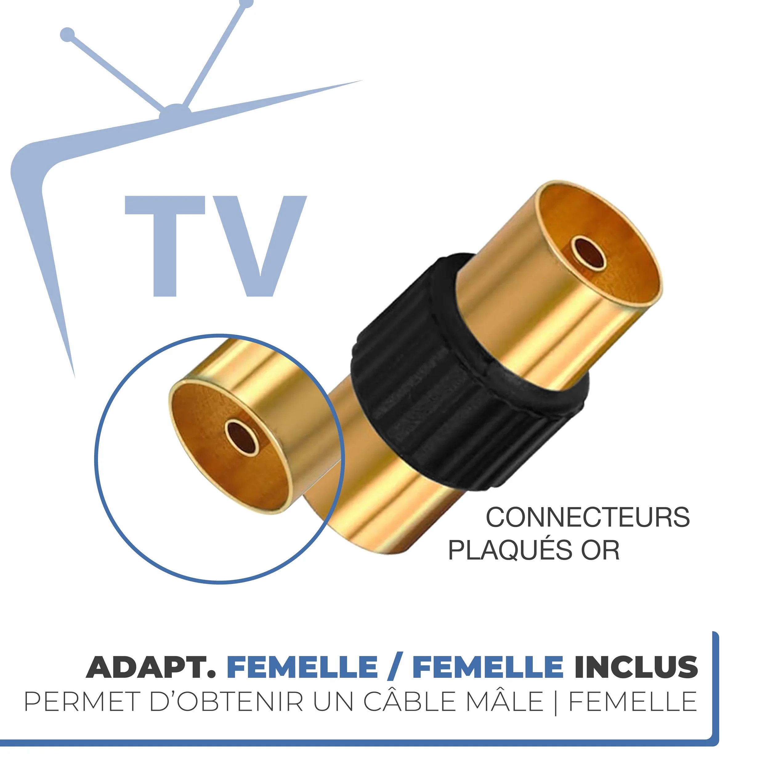APM Câble TV Antenne 9.52mm, 5 Mètres, Connecteurs Gold Mâle/Mâle, Cordon Coaxial Noir avec Adaptateur Femelle/Femelle Inclus, Compatible TV Décodeur TNT Fiche Murale 9.52mm, 408026, 5m