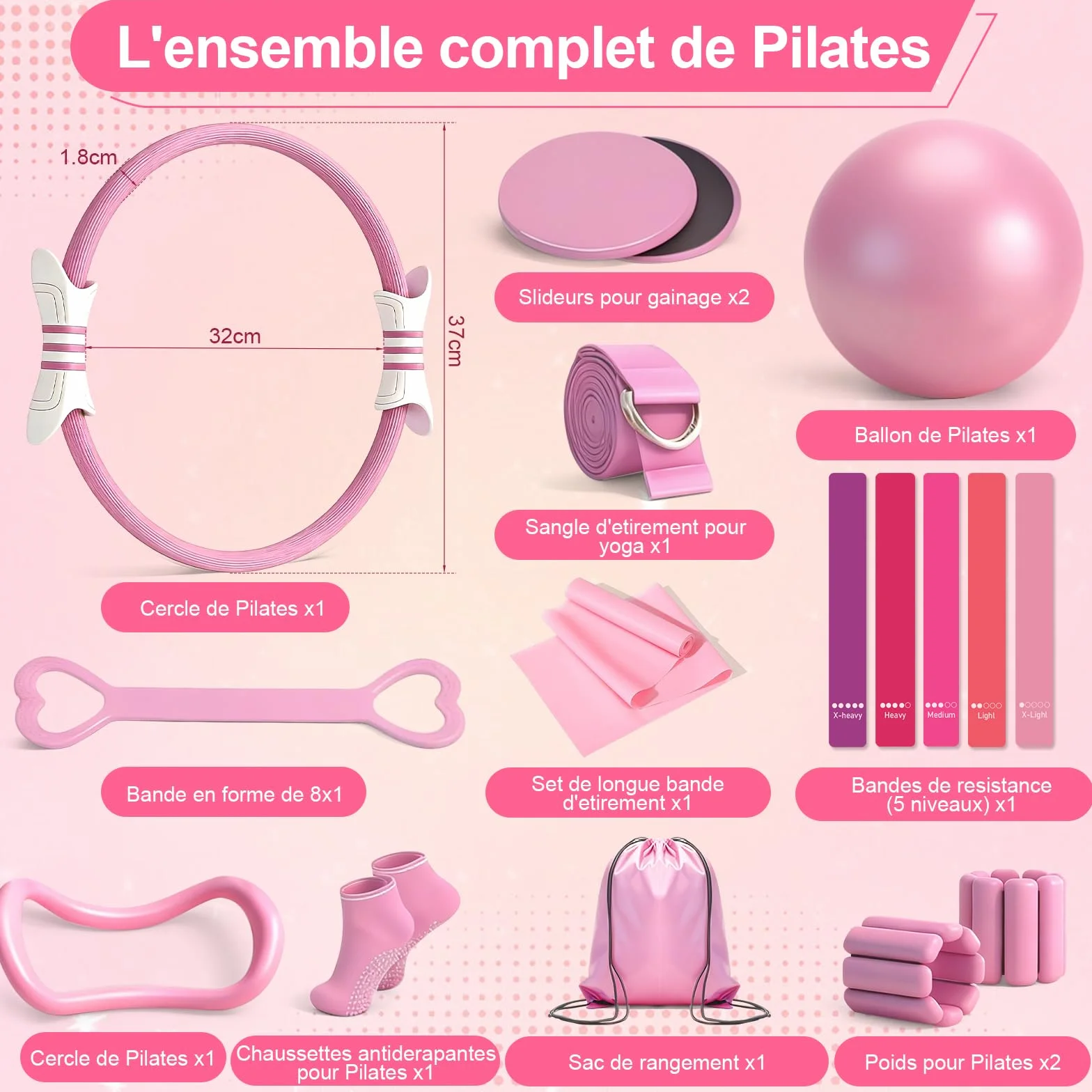 Kit Pilates 14PCS Rose – Kit Pilates Maison avec Anneau, Ballon, Bandes de Résistance – Set Entraînement Complet