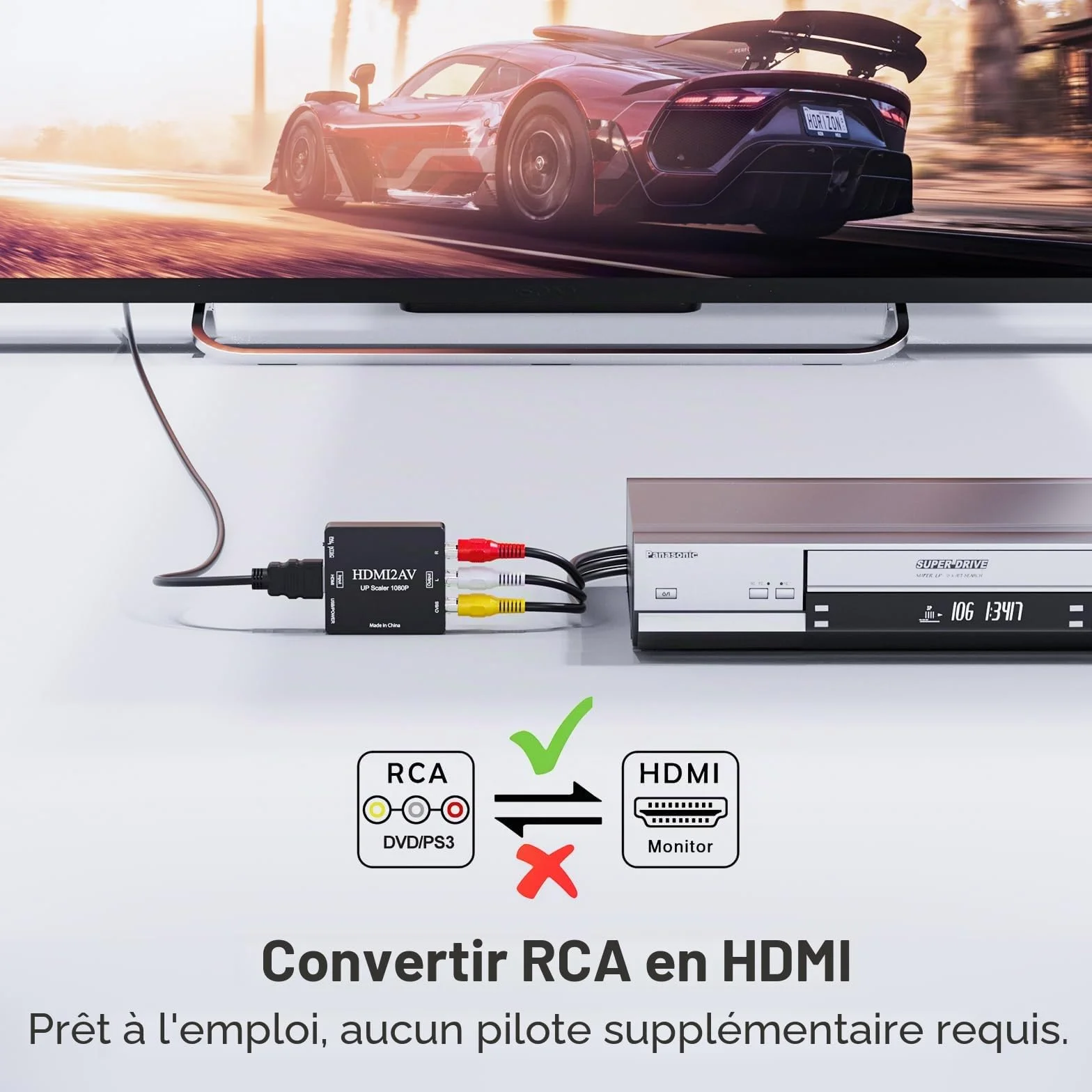 Convertisseur RCA vers HDMI, 1080p Mini RCA AV vidéo Composite Audio vers HDMI, Prise en Charge PAL/NTSC pour TV/Wii/PC/PS