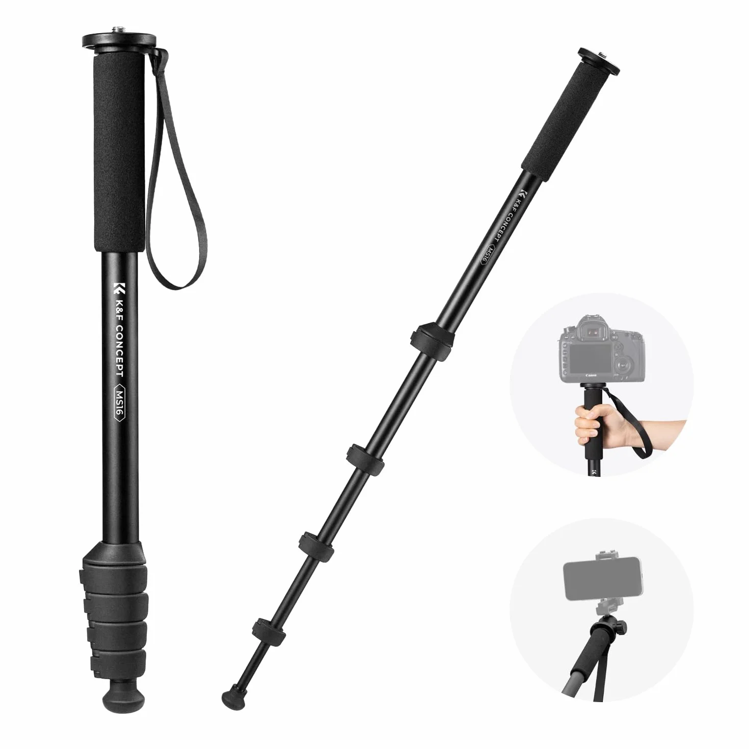 K&F Concept Monopode 160cm, Trépied de Voyage Multifonctionnel Amovible pour Gopro DSLR avec Cordon Anti-Perte, Extensible Appareil Photo, Charge Max 5kg, Poids 0,33kg - MS16