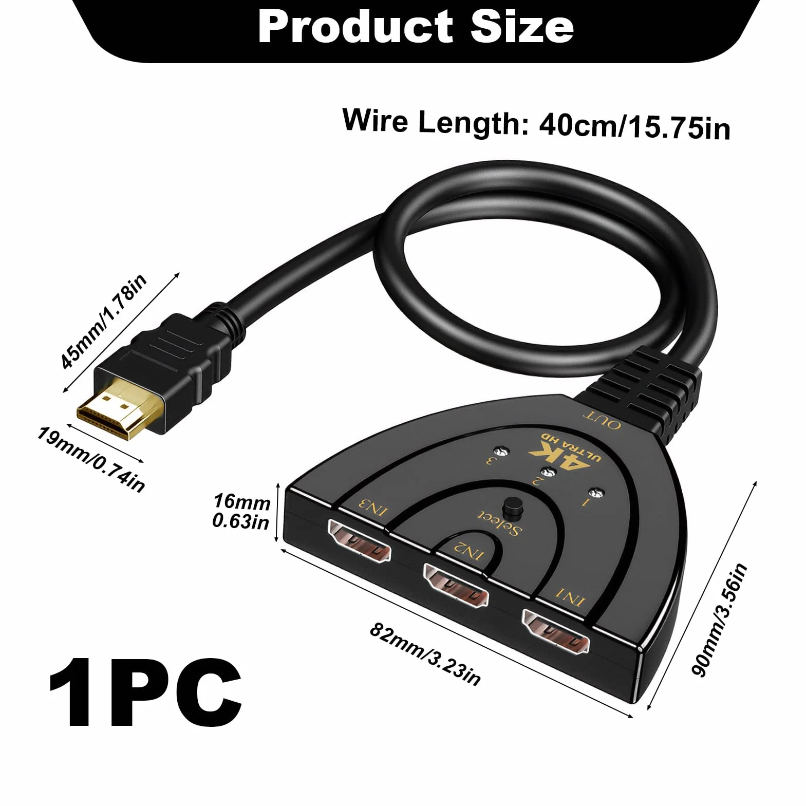 Multiprise HDMI Switch 4K 3 Entrée 1 Sorties, Commutateur HDMI 4K avec Câble, Commutateur UHD 3D HDR pour TV PC Games Consoles Projecteur TV Stick