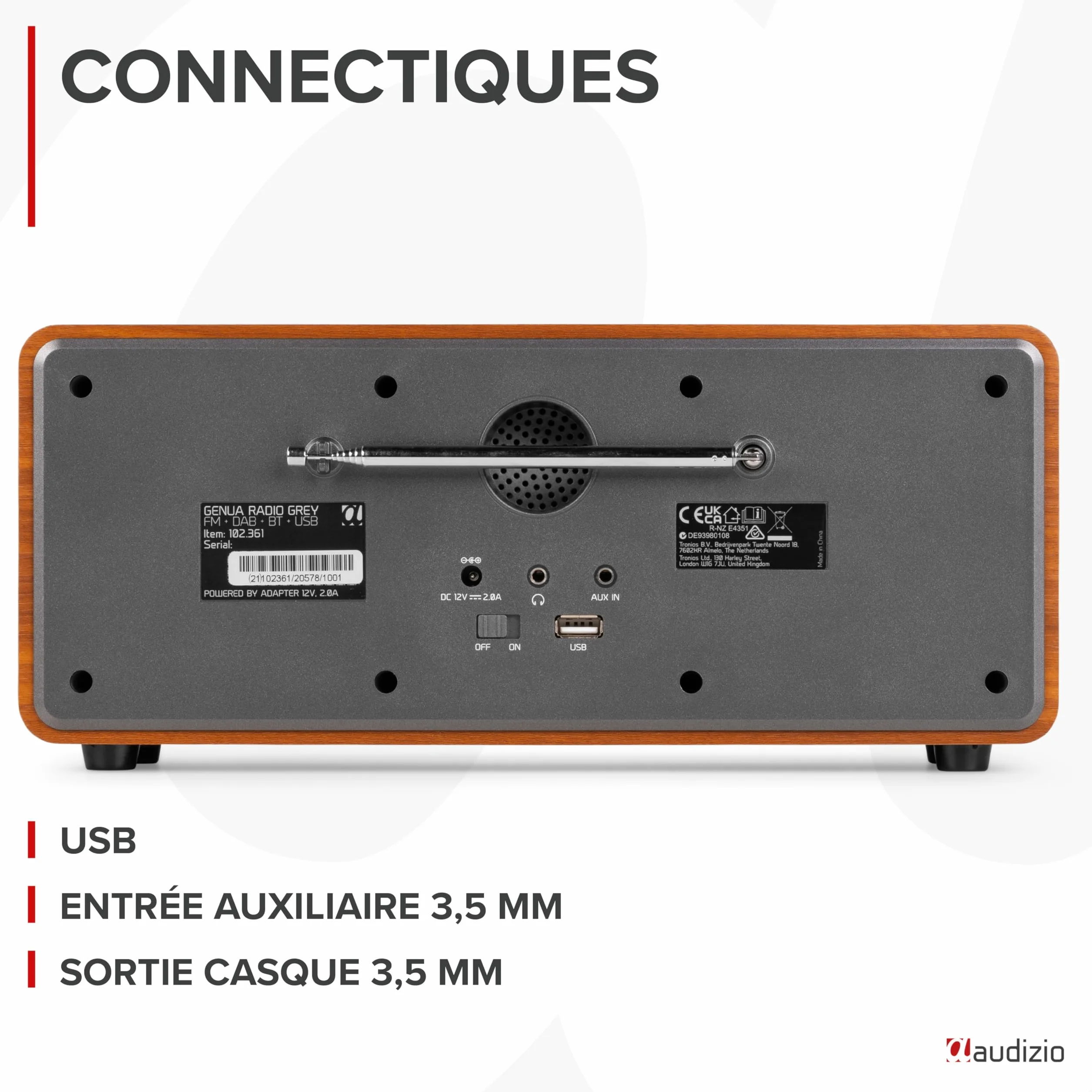 Audizio Genua Radio DAB+ Bluetooth 5.0 Gris Foncé Écran Couleur 2,8" Deux Haut-Parleurs Sortie Casque Port USB Télécommande