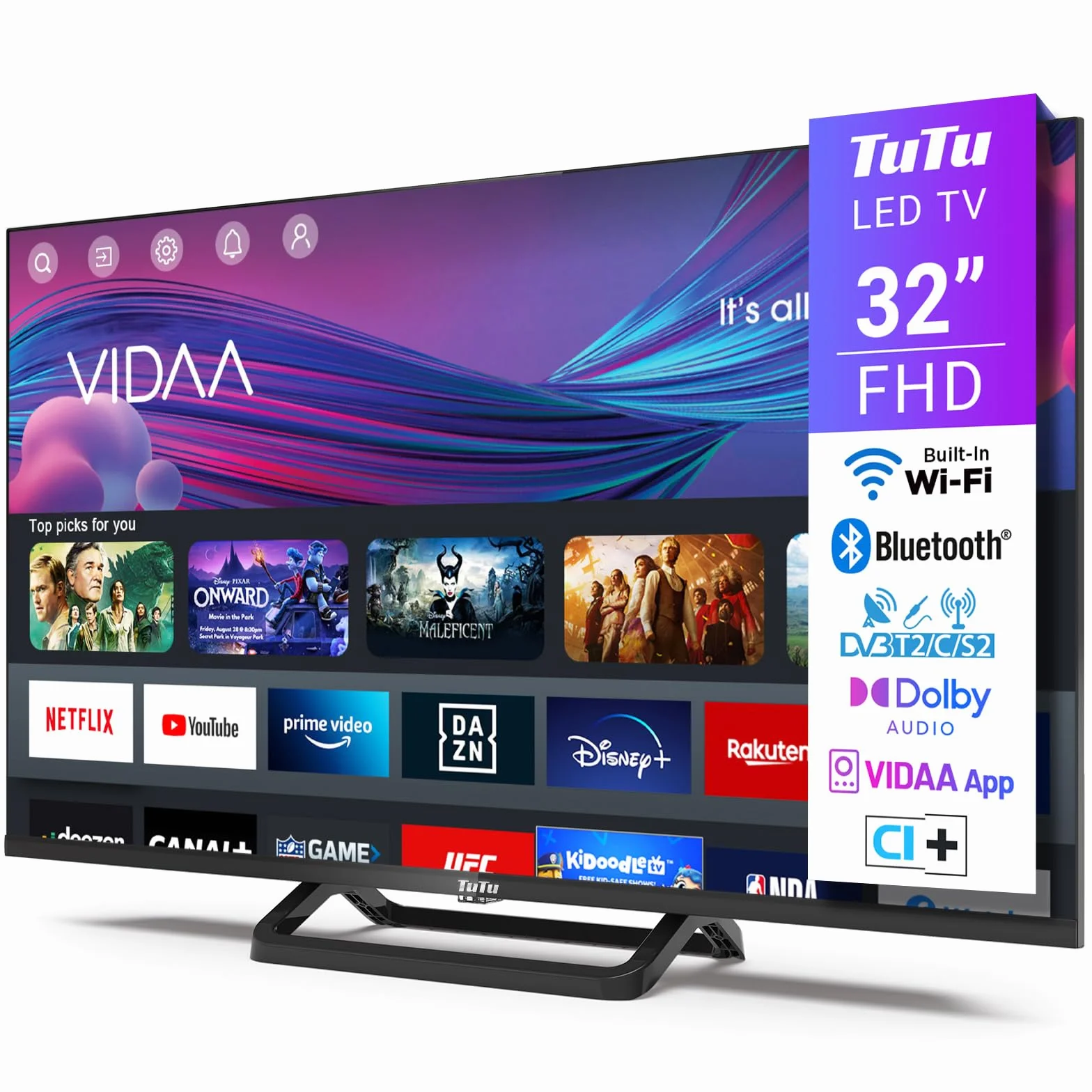 TuTu TUV32FN1B Smart TV 32 Pouces 80 cm Full HD sans Bord Connectée Télévision WiFi Bluetooth App Store AirPlay Triple Tuner