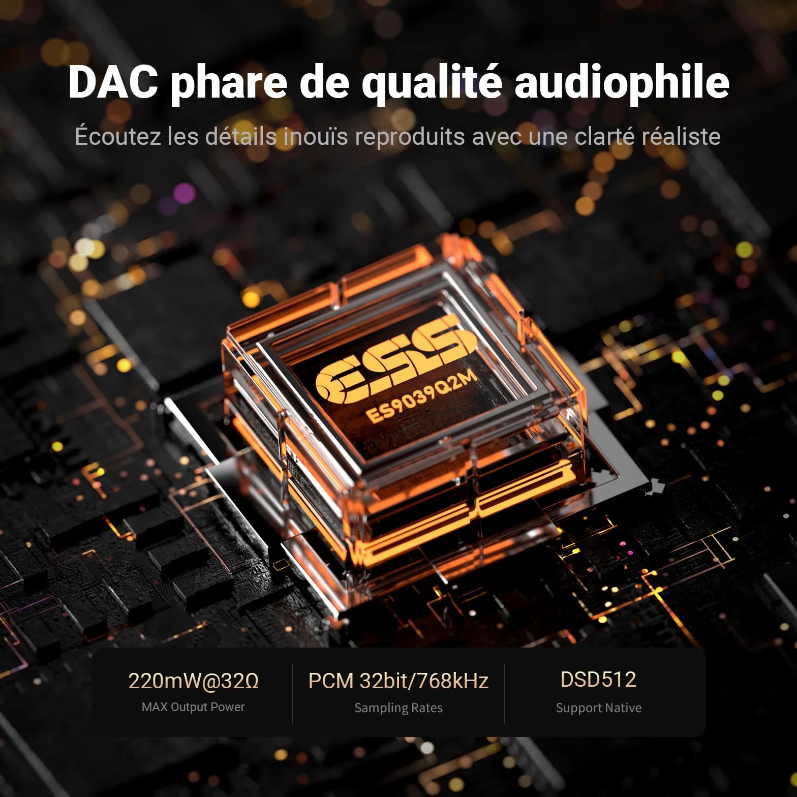 Fosi Audio DS3 Dongle Amplificateur DAC USB-C, Ampli Casque Portable avec Audio Spatial 7.1 pour Jeux Vidéo, ES9039Q2M XMOS Powered, 3,5 mm Simple 4,4 mm Symétrique, pour PC/Phone/PS5/Switch (Noir)