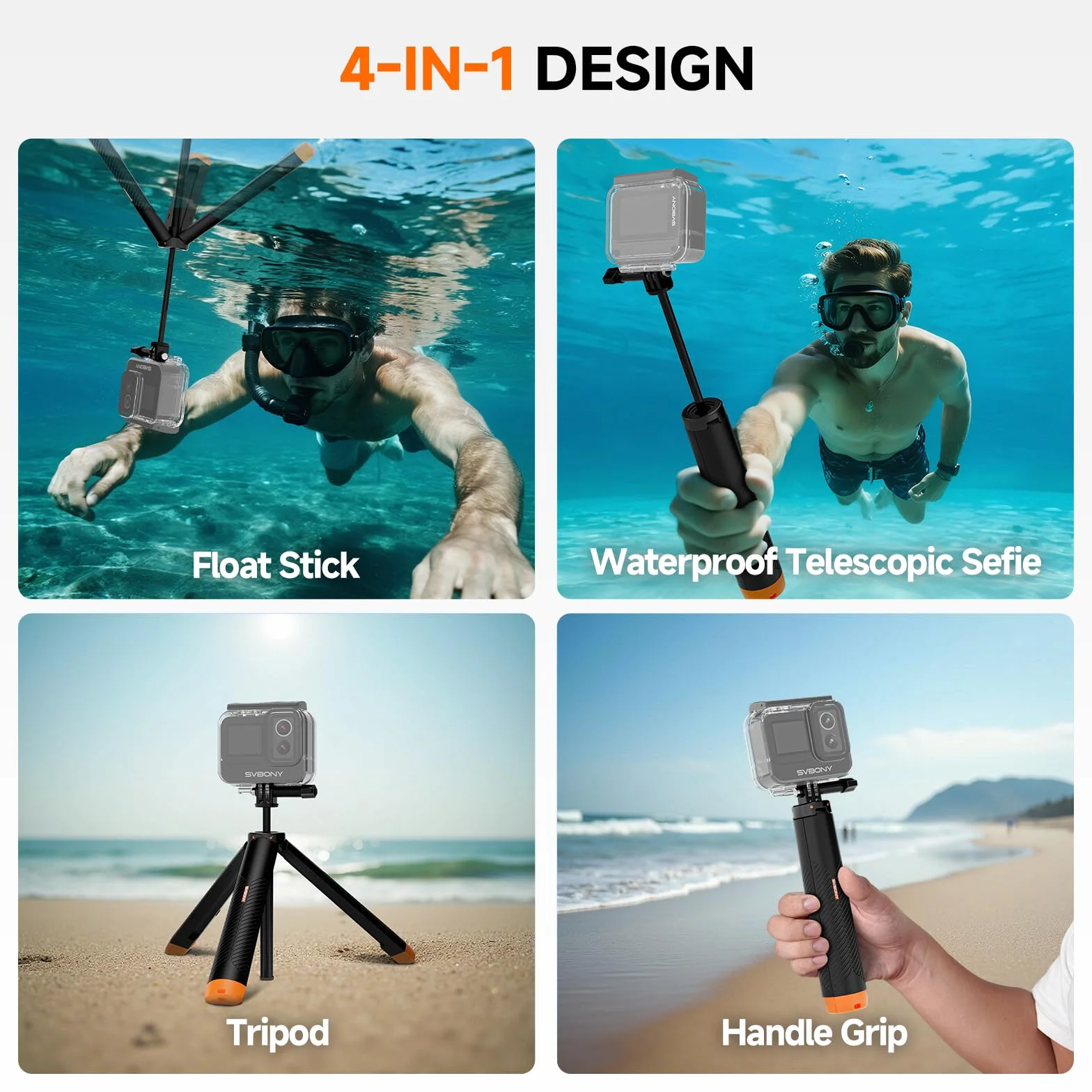 Svbony (2nd) Perche à Selfie 3in1 étanche Compatible avec GoPro Hero 13, 12, 11, 10, 9, 8, Compatible avec DJI Osmo Action 5 Pro 4 3, Compatible avec Insta360 Ace Pro 2, Convient aux Sports Nautiques