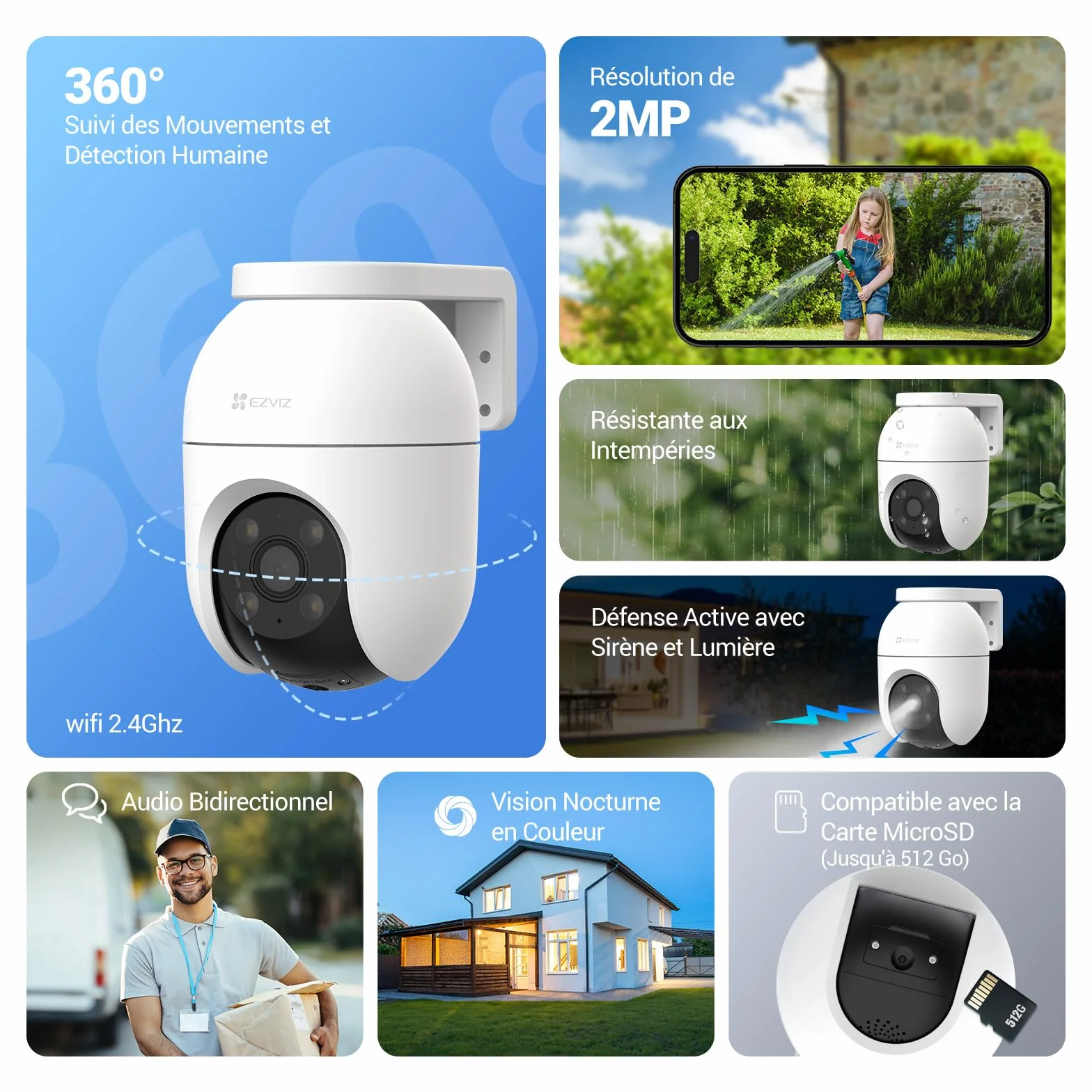 EZVIZ C8c 2MP Camera Surveillance WiFi Extérieure à 360° avec Suivi Auto-Zoom, Détection de Forme Humaine, Vision Nocturne en Couleur, Audio Bidirectionnel, IP65 Etanche, Défense Active