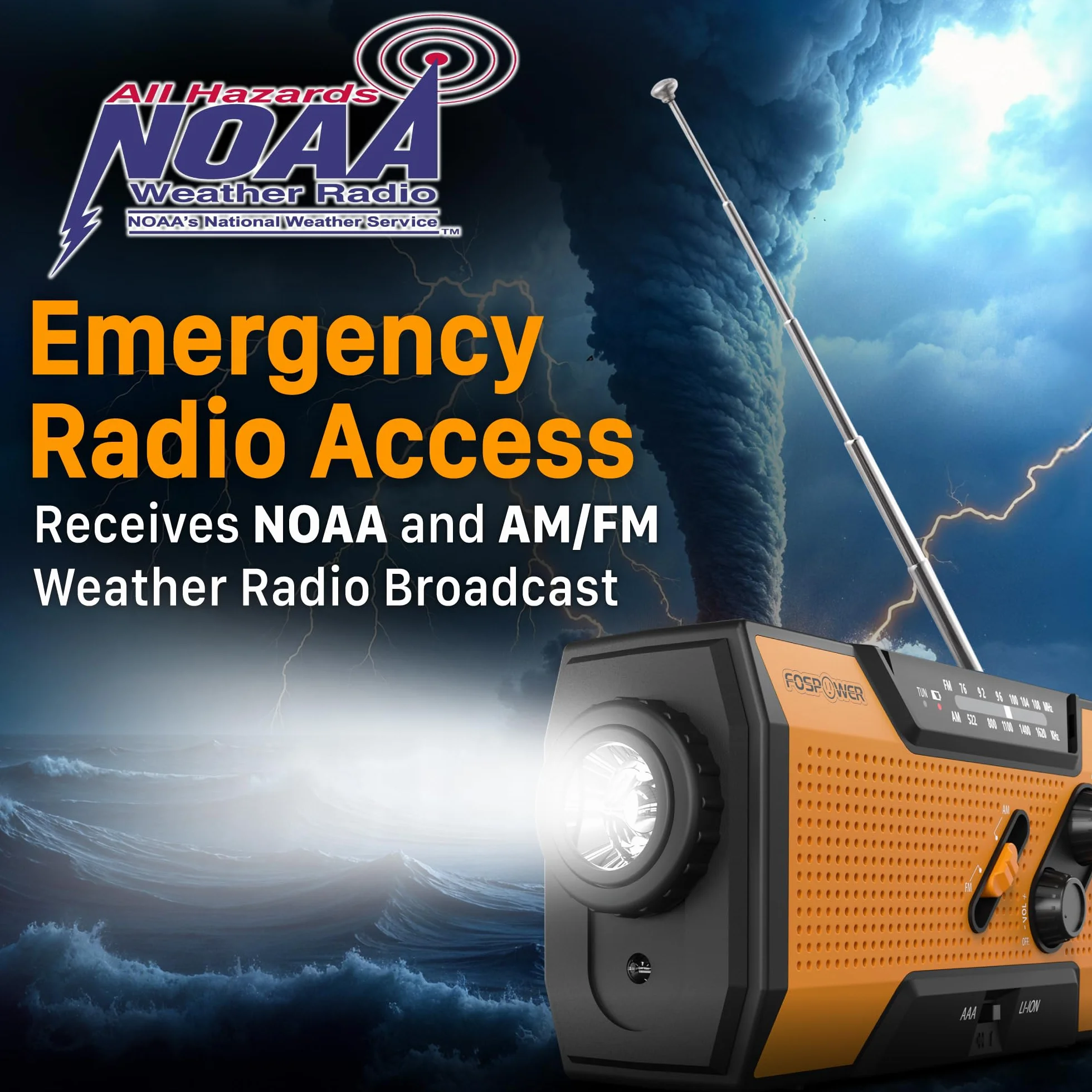 FosPower Radio Portable d'Urgence Météo 2000mAh Solaire Manivelle AM/FM Lampe LED SOS Recharge Téléphone