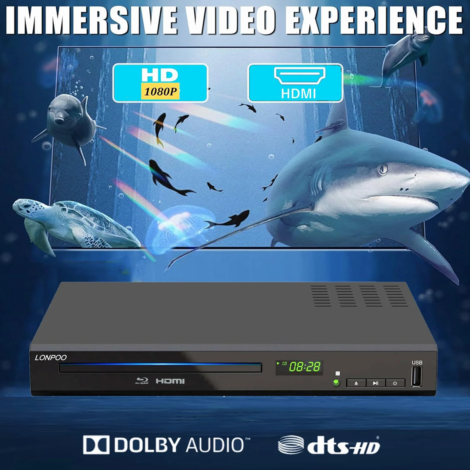 Lecteur Blu-Ray DVD pour Téléviseur - 1080P HD DVD Lecteur Bluray avec Sortie HDMI/Coaxiale/RCA (câble HDMI et AV Inclus), Entrée USB, Bluray Région B/2, Télécommande (LP-100)