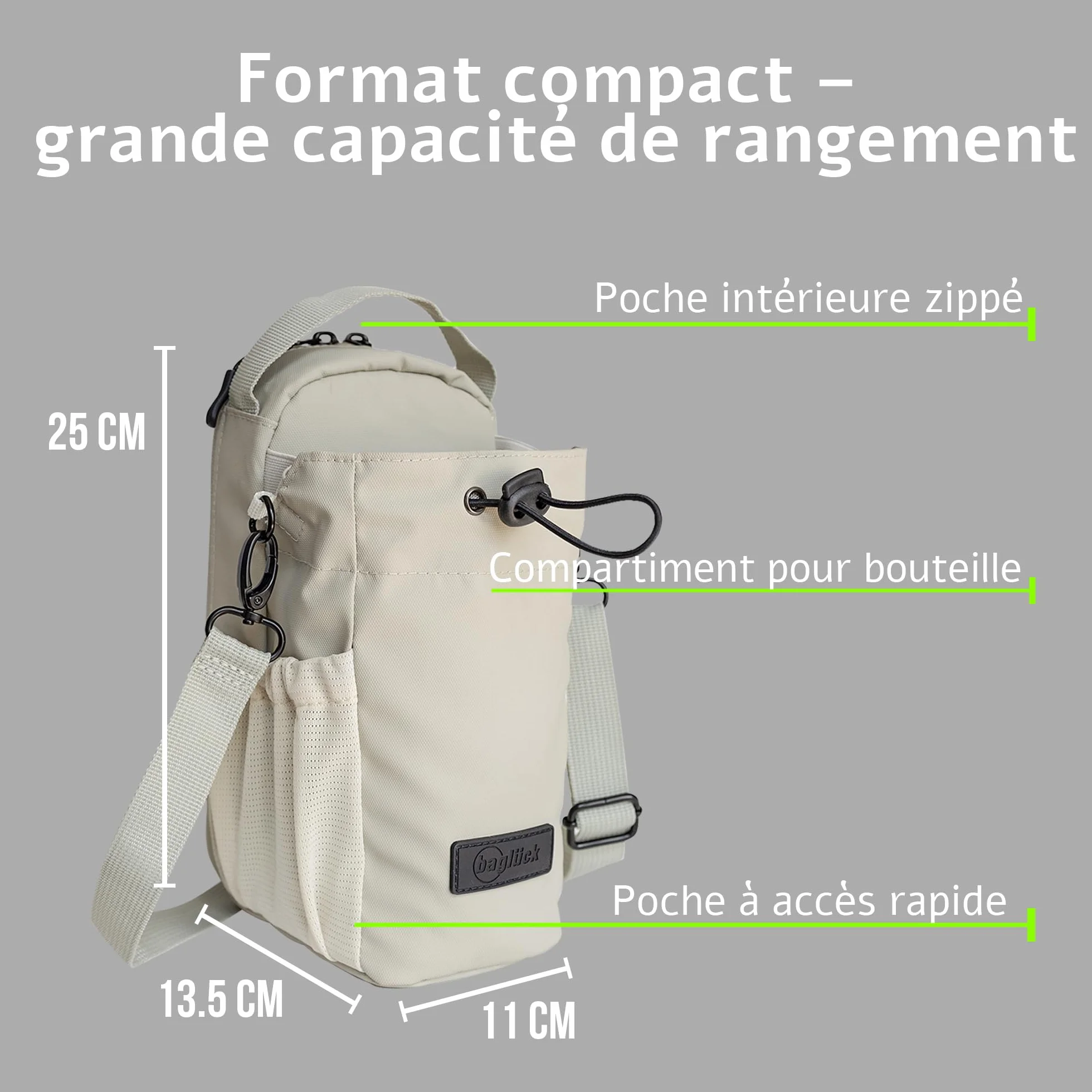 Sac de Sport magnétique avec Porte-Bouteille 1,5L – Sac Gym Fitness Homme Femme, Beige
