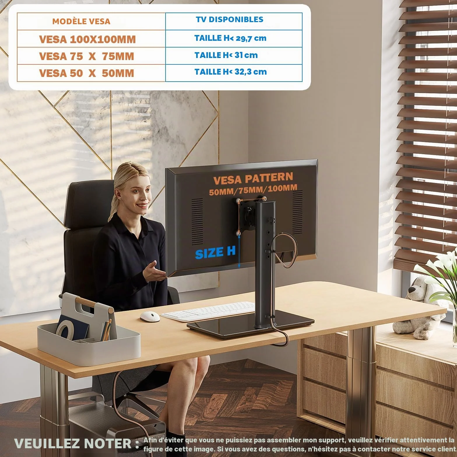 Hemudu Support de Bureau Simple pour écran LCD 13"-32" avec Pivot, Hauteur réglable, Rotation, 35 kg