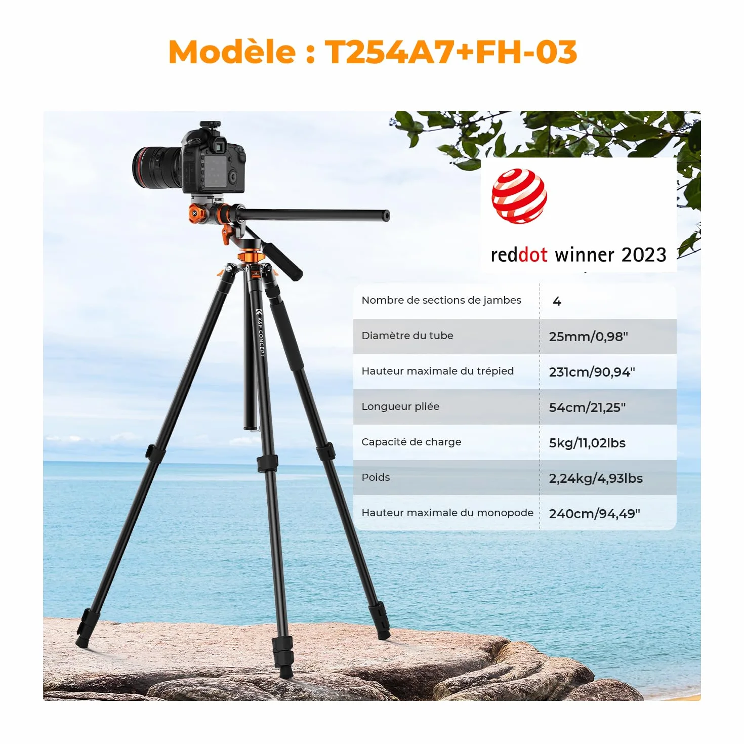 K&F CONCEPT Trépied Vidéo, 231cm Trépied Appareil Photo avec Tête Fluide Inclinaison à 90°/-90°, Horizontal à Colonne Centrale de Rotation à 360°, pour Caméra Vidéo,DSLR, Caméscope -T254A7