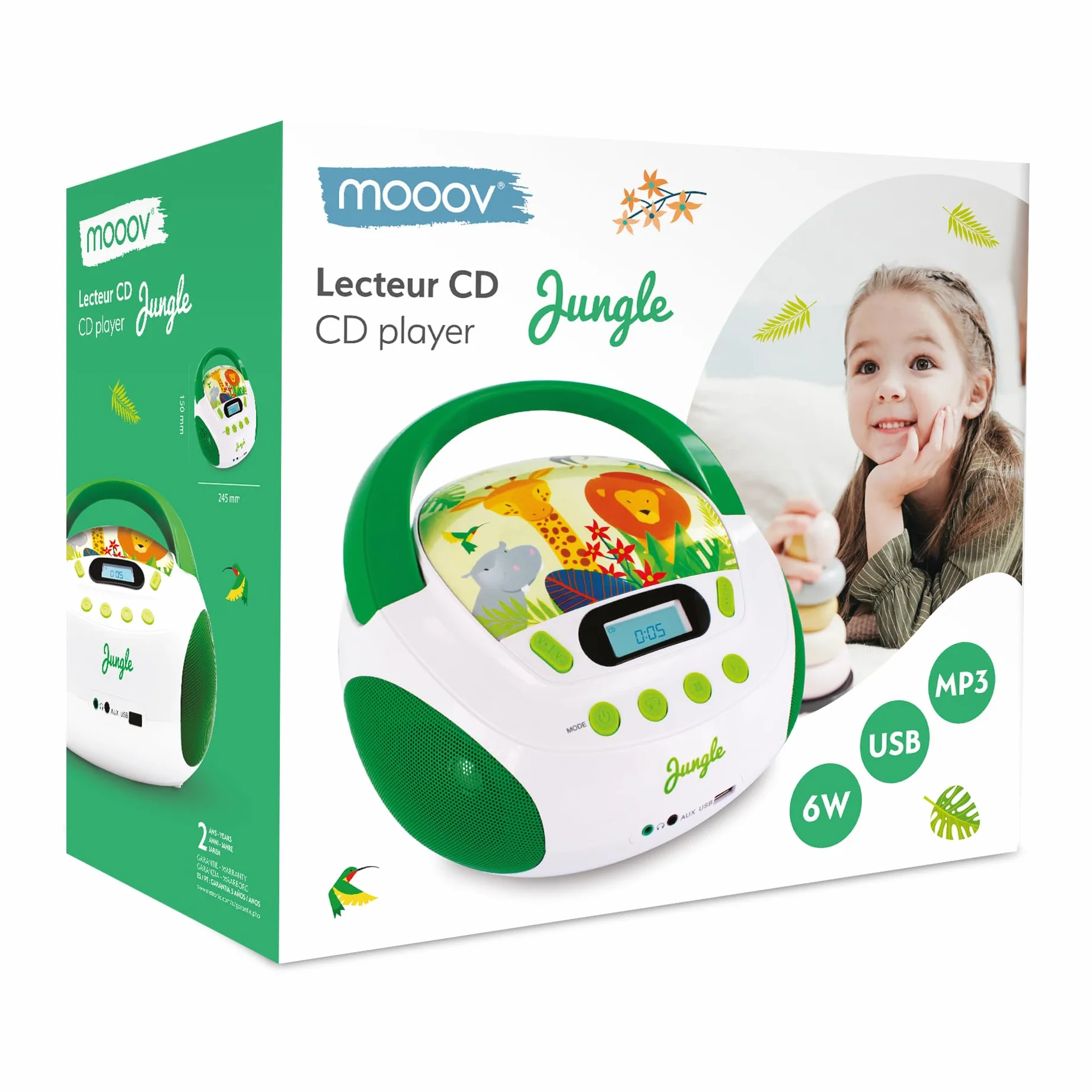 MOOOV Lecteur CD Enfant Jungle MP3 USB AUX-in Prise Casque Portable Vert Blanc