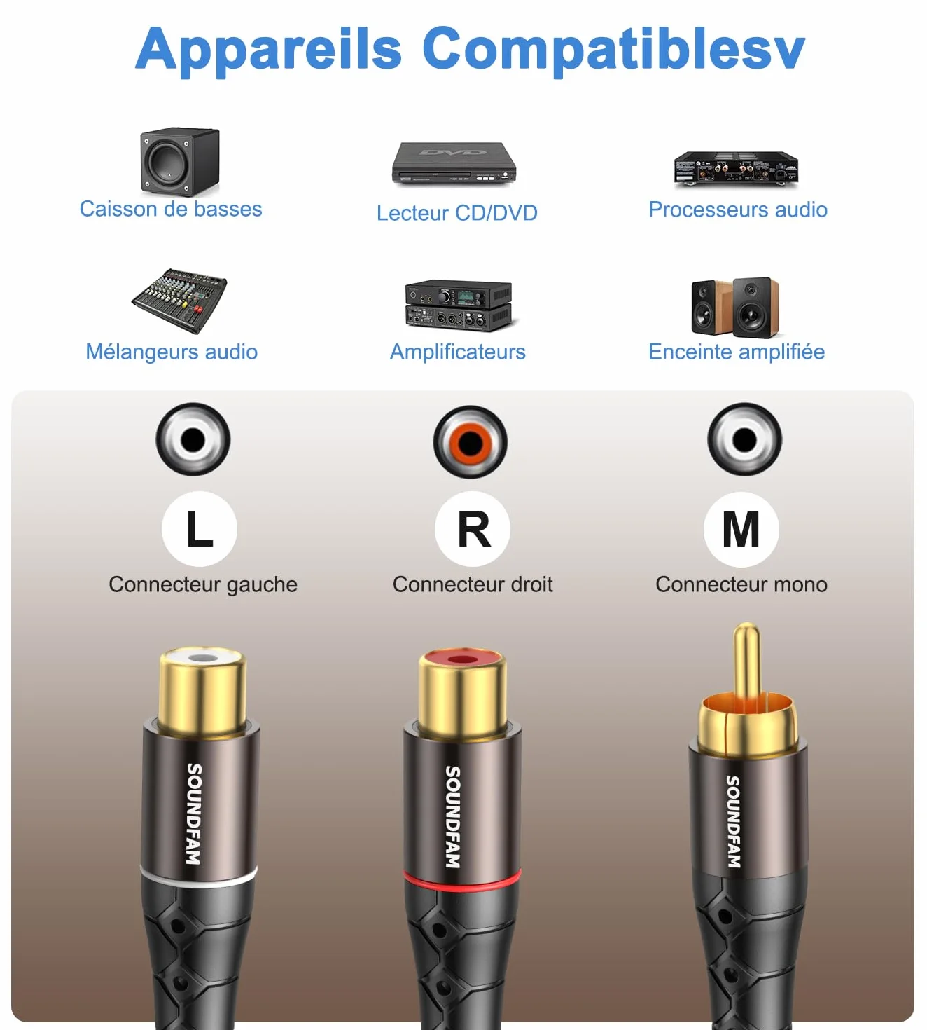 Répartiteur RCA Y Câble Répartiteur RCA/Phono SOUNDFAM 1 Mâle vers 2 Femelles Fiche Plaquée or Répartiteur Cinch​ Adaptateur Stéréo Y Pour Caisson de Basses, TV, Lecteur CD, Home Cinéma - Noir (30 cm)
