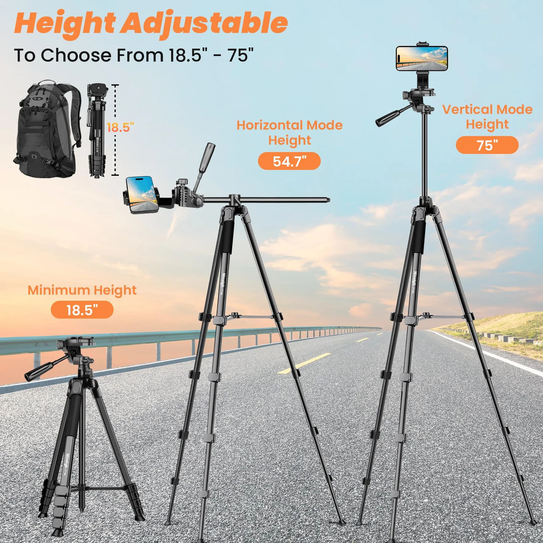 Nineigh Trepied Appareil Photo,190cm Trepied Smartphone avec Bras Télescopique Horizontal, Aluminium Trépied Caméra avec Télécommande pour iPhone, Samsung, Huawei,Caméra légère
