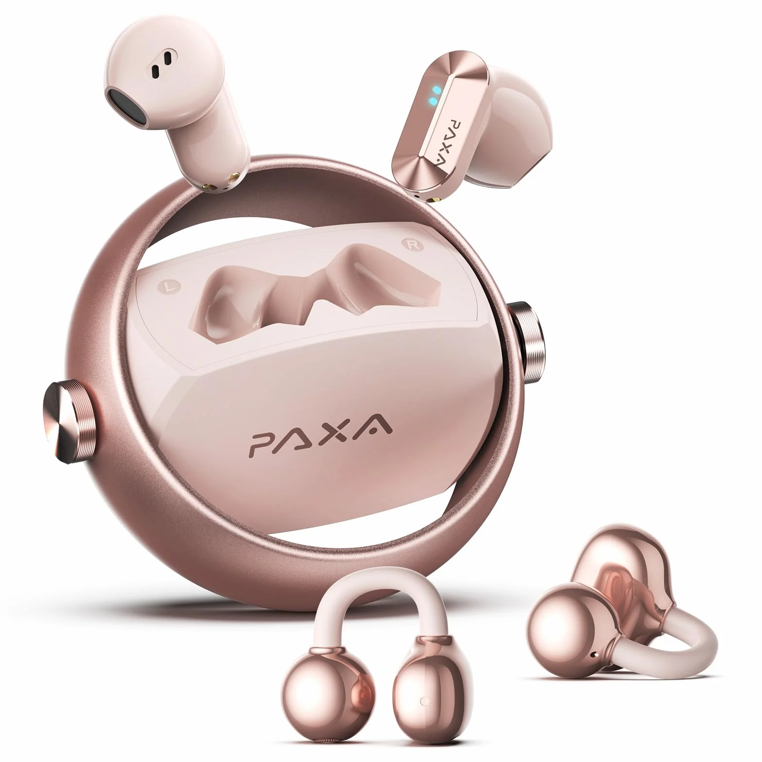 PAXA Double Casque 2-en-1 Clip Open-Ear Écouteurs Bluetooth sans Fil, Bluetooth 6.0-0 Délai, 140H Autonomie, Reconnaissance L/R Automatique, Réduction Bruit Hybride Travail/Sport/Quotidien, Or Rose