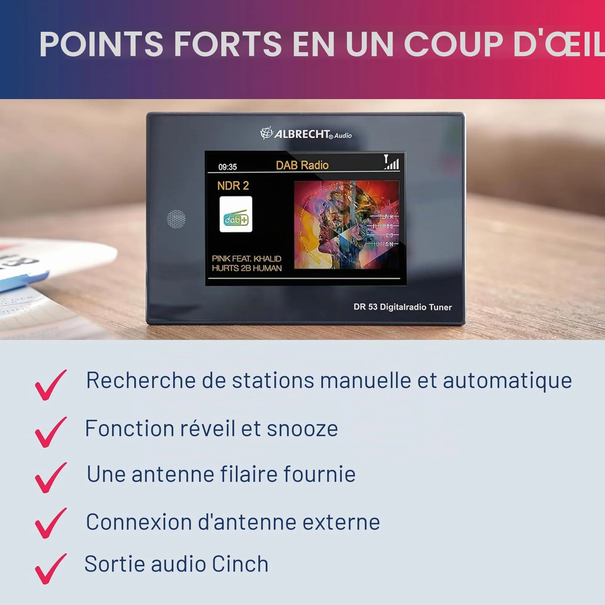 Albrecht DR53 27251 Tuner Radio numérique Dab+/FM avec écran Couleur 4" pour Connexion à la chaîne stéréo avec télécommande