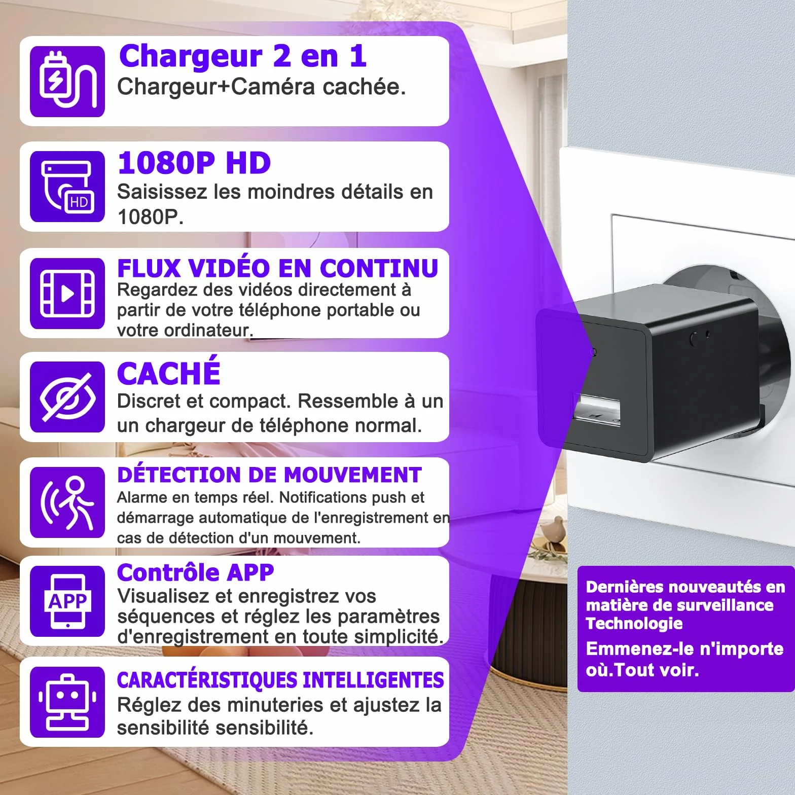 Camera Espion 1080P Camera Surveillance WiFi Mini Caméra Espion sans Fil Cameras Espion WiFi A Distance Discrete Micro Caméra Espion Spy Cam sans Fil Detecteur Mouvement