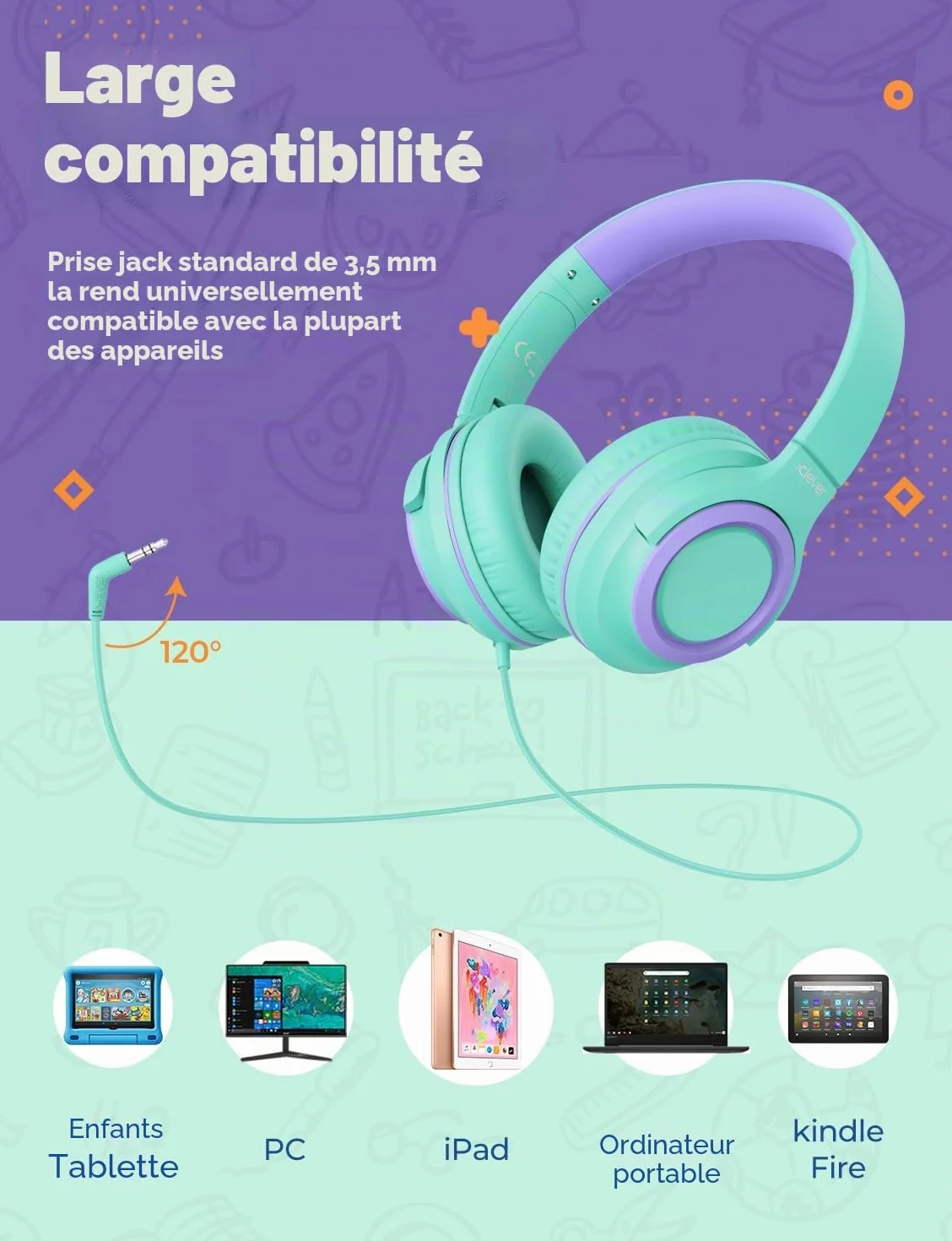 iClever Casque Audio Enfants, Volume Sécurisé Limité 85 dBA – Casque pour Enfant Filaires avec Répartiteur de Partage, écouteurs Stéréo Pliables sans Enchevêtrement pour l'école/Tablette/Voyage