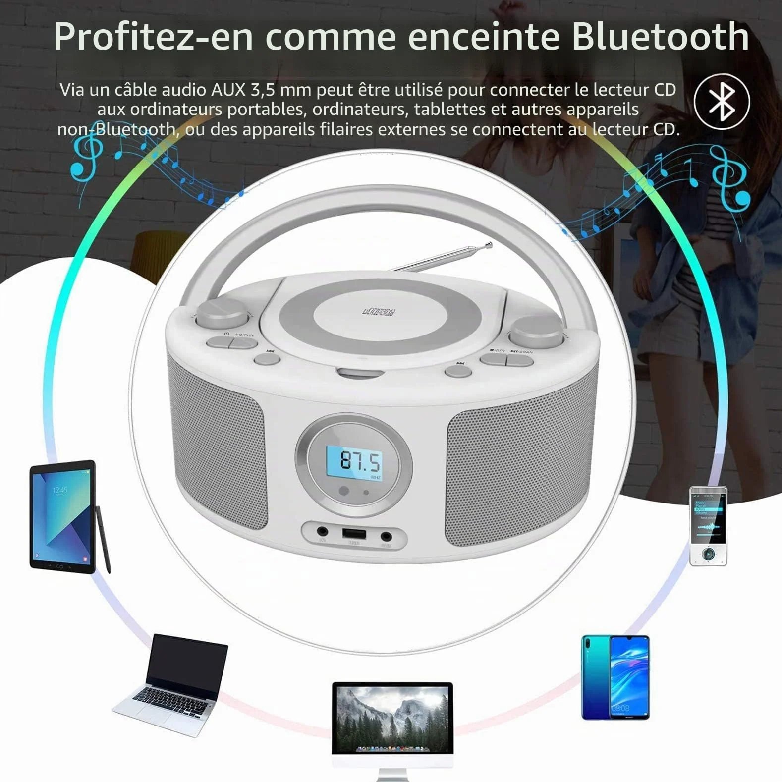 Poste CD Enfant, WISCENT Radio FM Lecteur CD Portable Boombox (avec Bluetooth,Radio FM,USB,AUX,Prise Casque) Lecteur CD Enfant