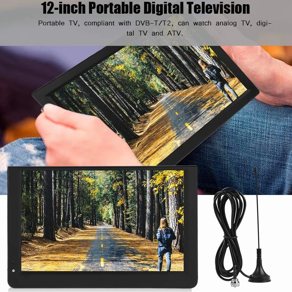 Téléviseur numérique Portable, Lecteur de télévision numérique Portable 1080P 12 Pouces 16: 9 LED, pour Chambre à Coucher, Cuisine, Caravane, Voiture, avec Support