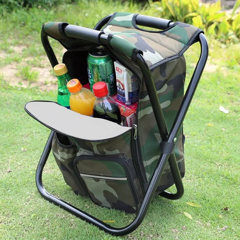 Sac à Dos de Camping Pliant avec Refroidisseur Isolé, Chaise Tabouret Pliant, Camouflage Portable Randonnée
