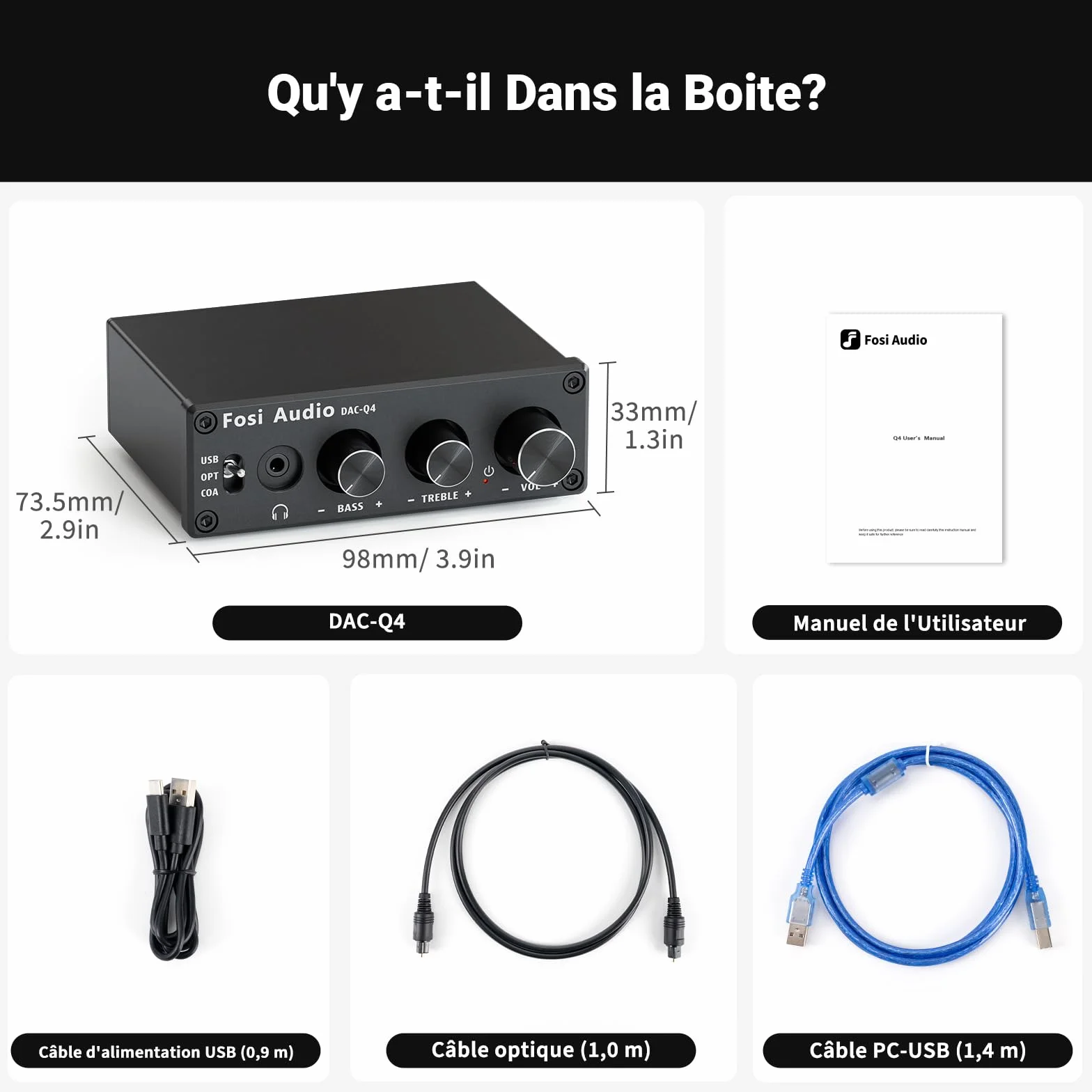Fosi Audio Q4 Amplificateur de Casque, Amplificateur de Casque DAC USB 192 kHz, Entrées USB/Optiques/Coaxiales vers AUX/RCA/Sortie 3,5 mm, Ampli DAC de jeu pour PS5/PC/MAC/Haut-Parleurs Actifs
