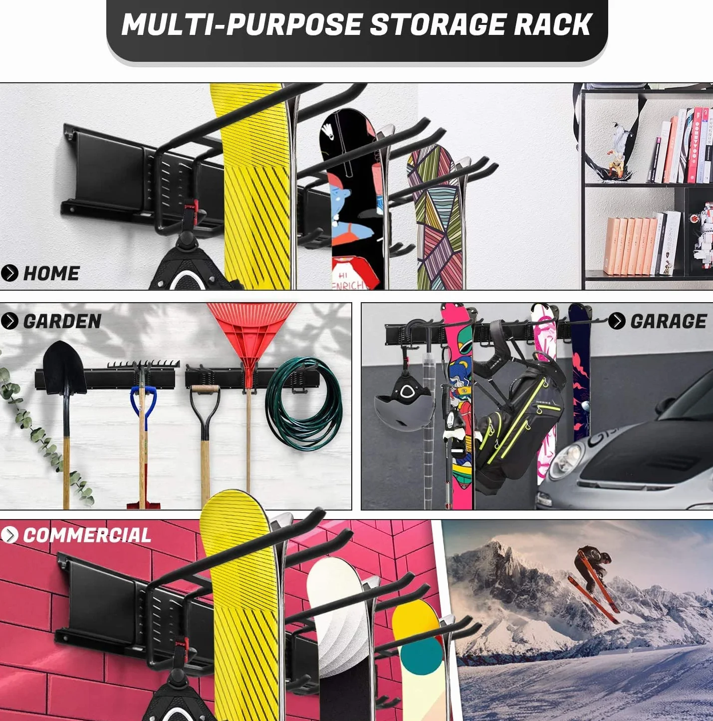 Odoland Kit de Support de Rangement à Skis pour 6-4 Paires Snowboards, Crochets, Sangles Velcro, Jusqu'à 300 LBS