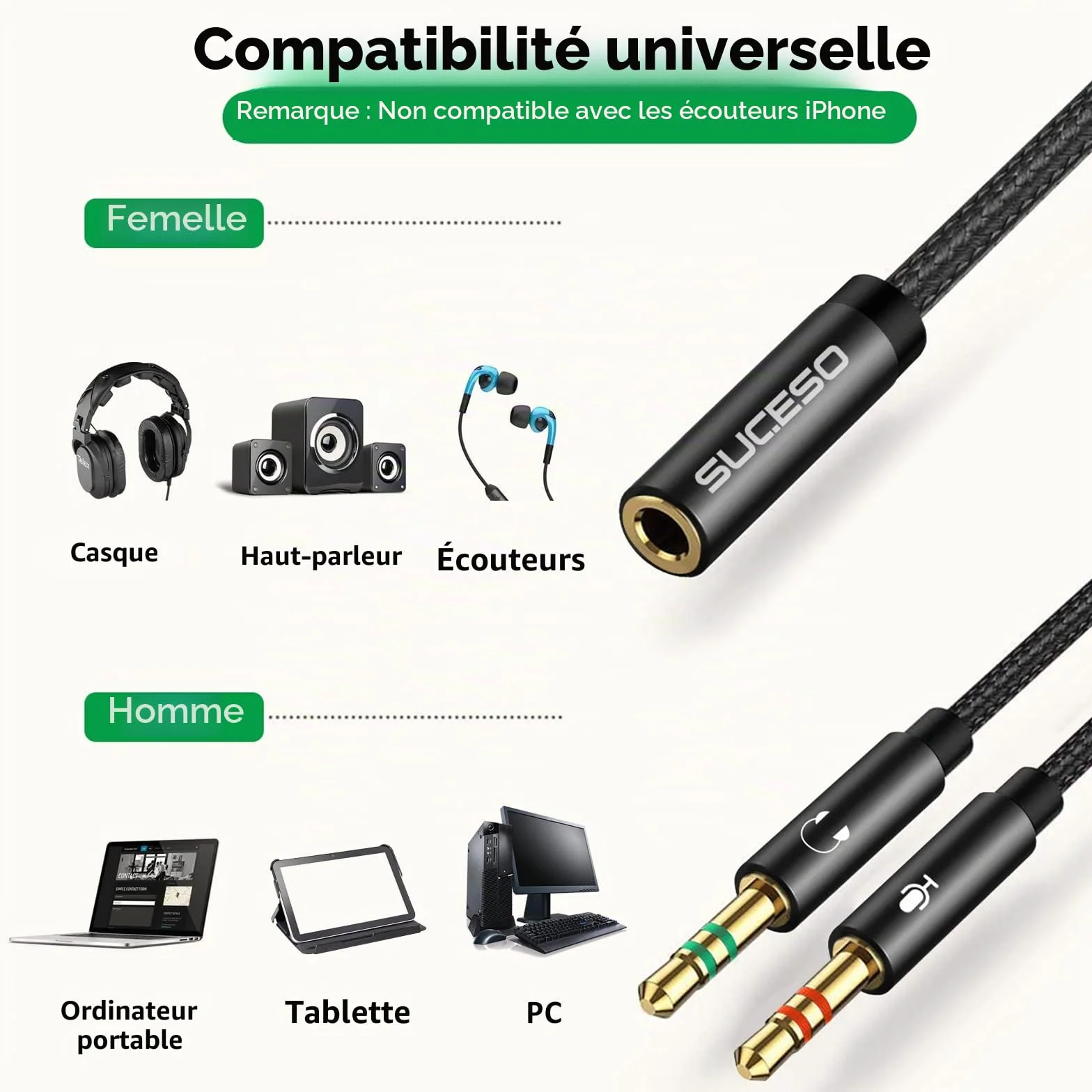 Adaptateur Jack Audio Stéréo 3,5mm Câble Nylon Tressé Splitter Y Femelle à 2 Mâle 35cm