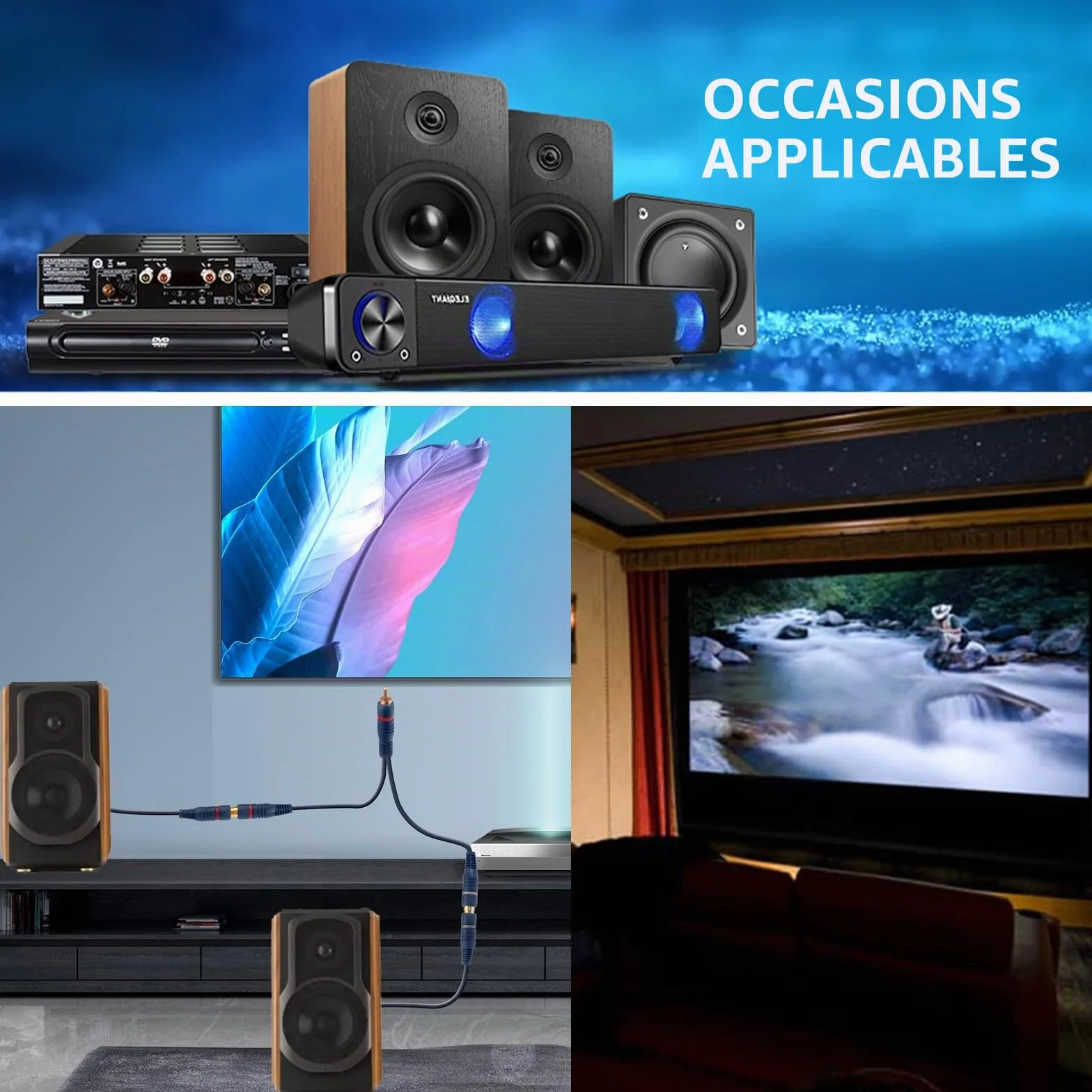 Câble Répartiteur RCA Audio Adaptateur Câble Y Cinch, 15cm RCA vers JACK 1 Mâle à 2 Femelle pour Caisson Basses, Phono, AV, Audio, Subwoofer Voiture(2Pack, Bleu)