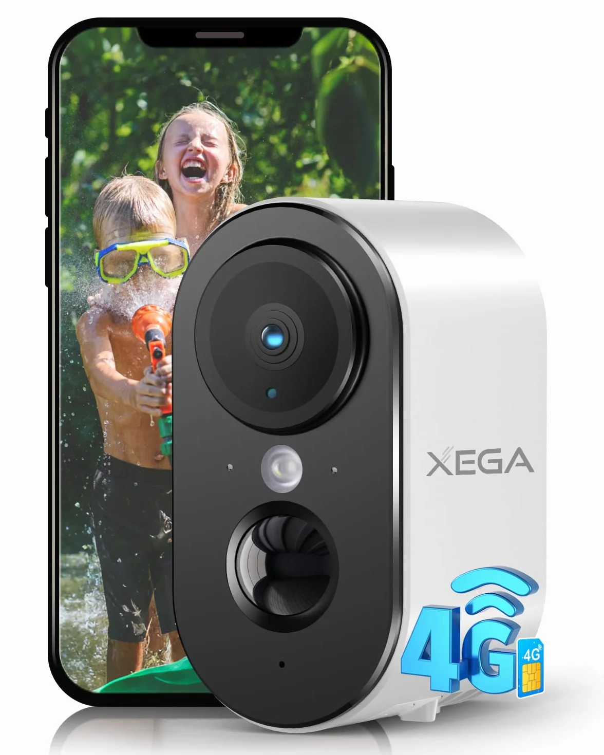 Xega 4G LTE Caméra de Sécurité Extérieur Intérieur avec Carte SIM, 2K HD Caméra IP Portable, Batterie 6000mAh, Détection de Mouvement PIR, Vision Nocturne Couleur, Audio 2 Voies, TF/Cloud, IP65