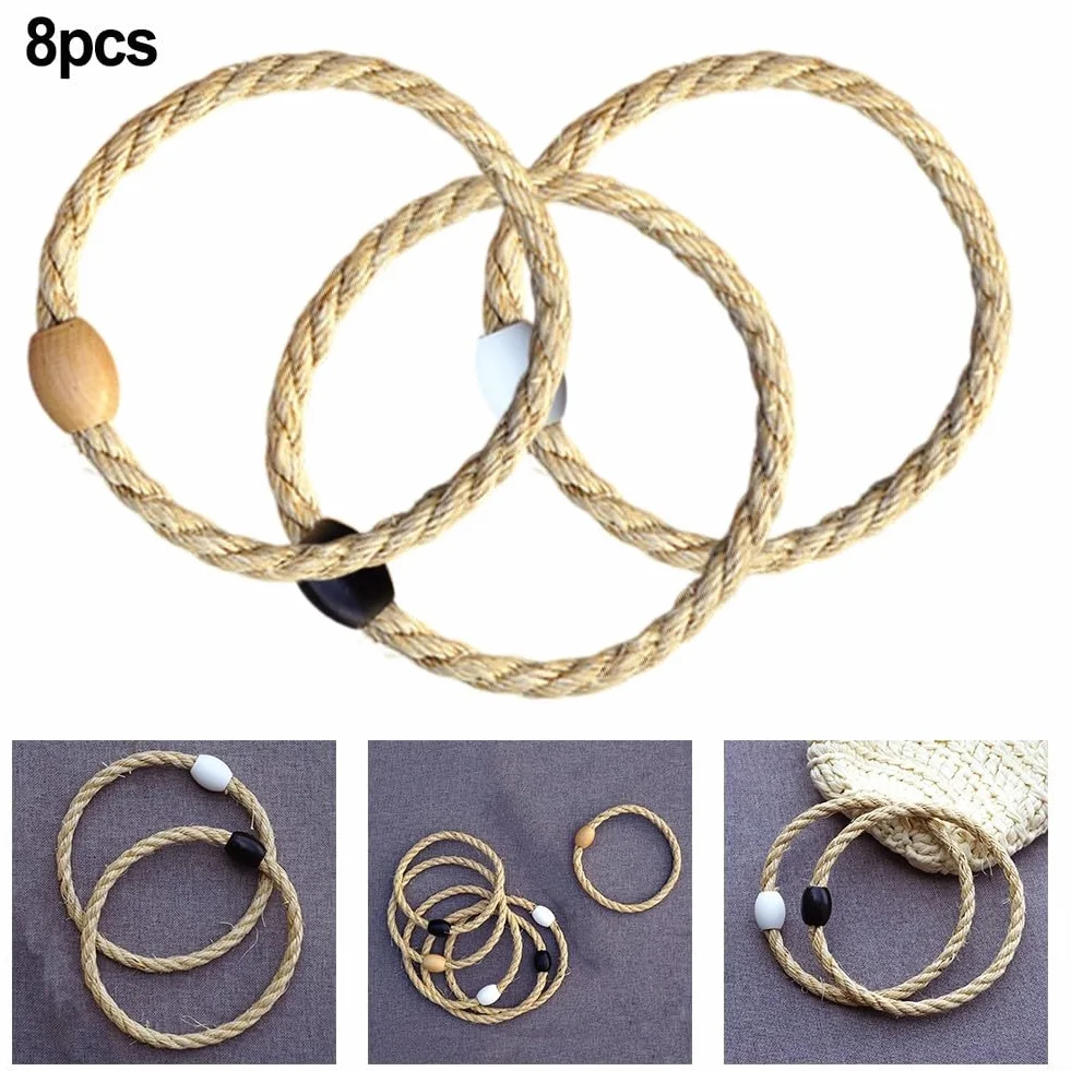 Jeu de lancer d'anneaux 8 pièces corde chanvre perles bois extérieur jardin fêtes enfants