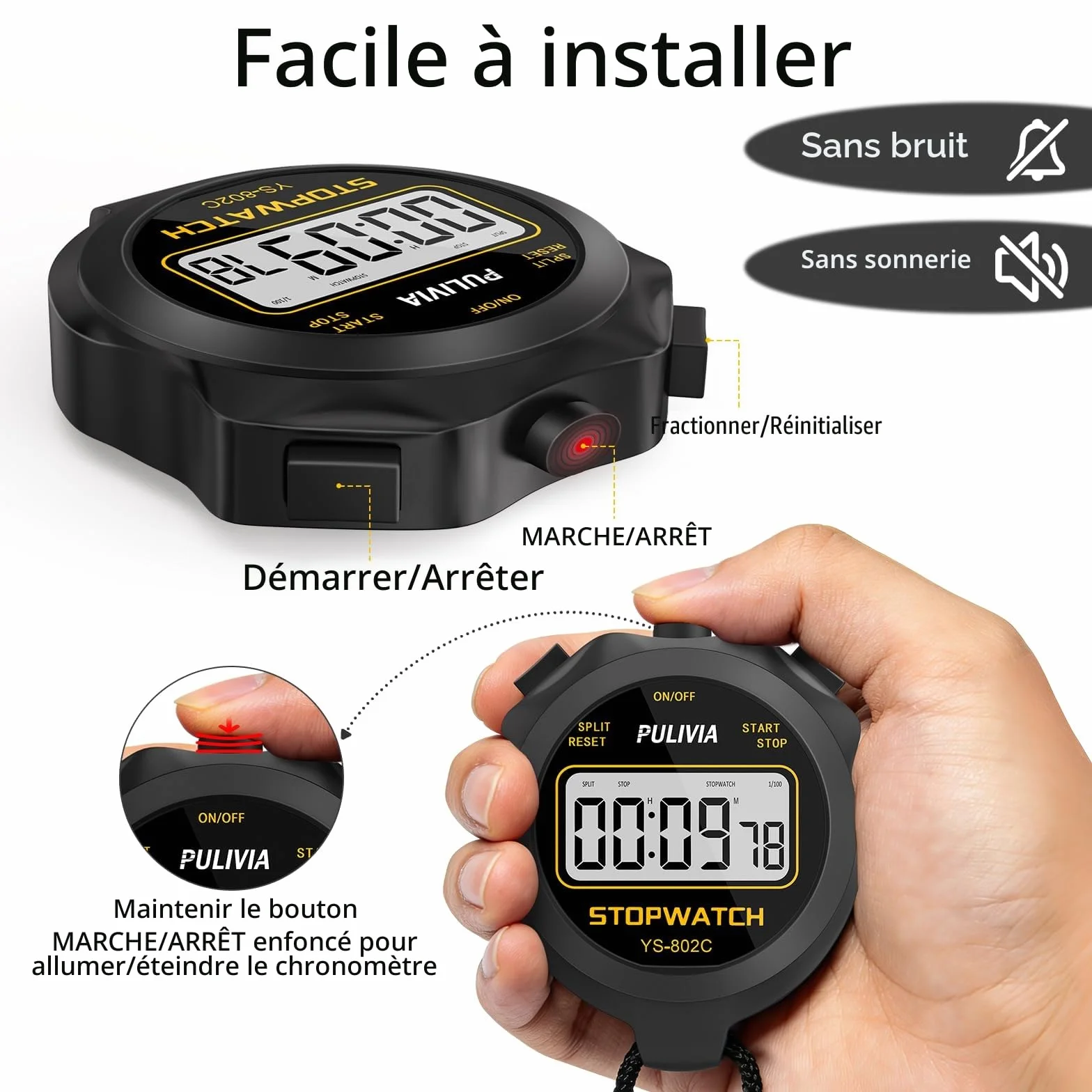 Chronometre Sport Numerique Noir avec Bouton Marche/Arret et Fonction Silencieux