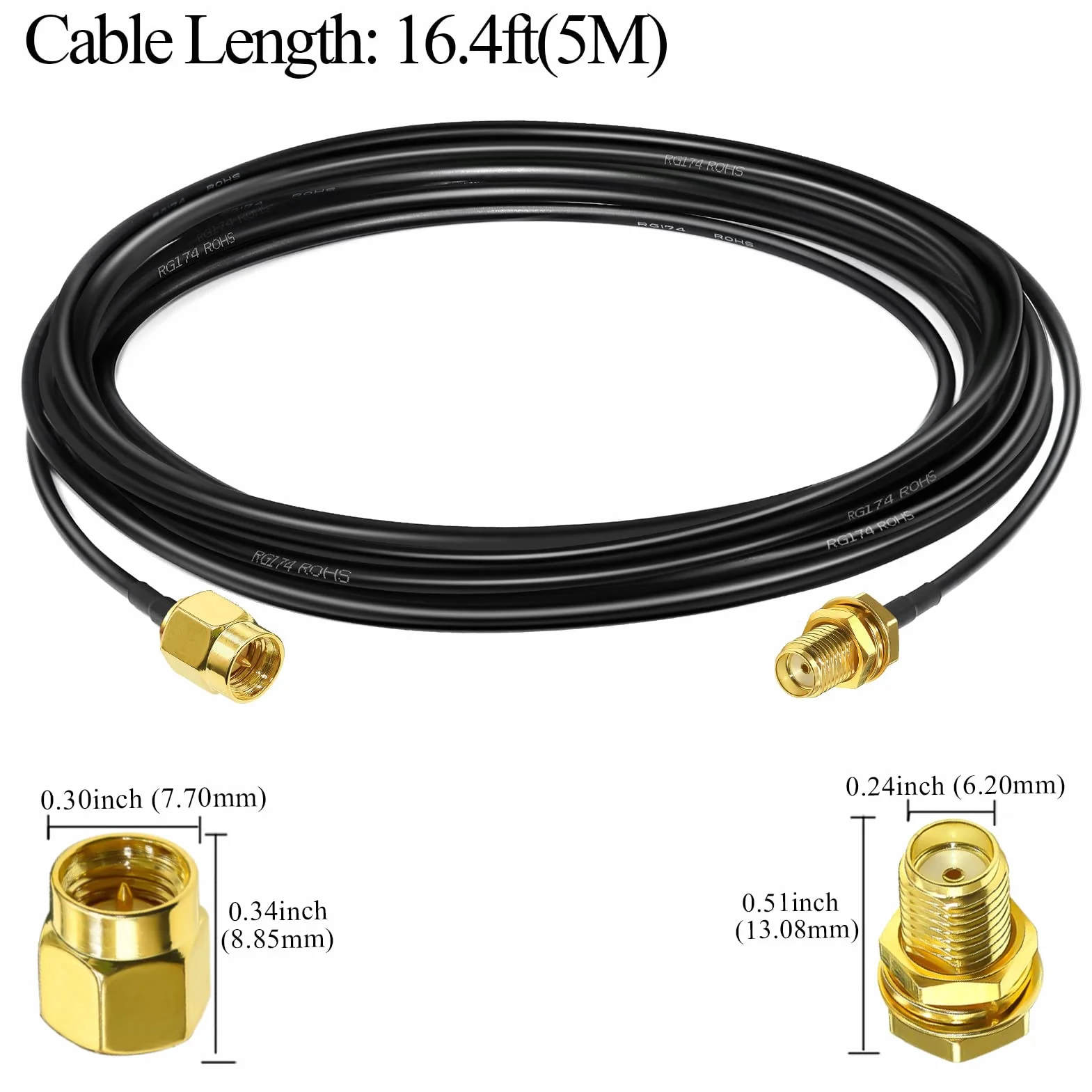 TUOLNK RG174 SMA Câble Coaxial Mâle à Femelle RF 16,4 Pieds (5m) + 3 Adaptateurs Radio Ham, Antenne 3G 4G LTE, Équipement SDR, ADS-B, GPS