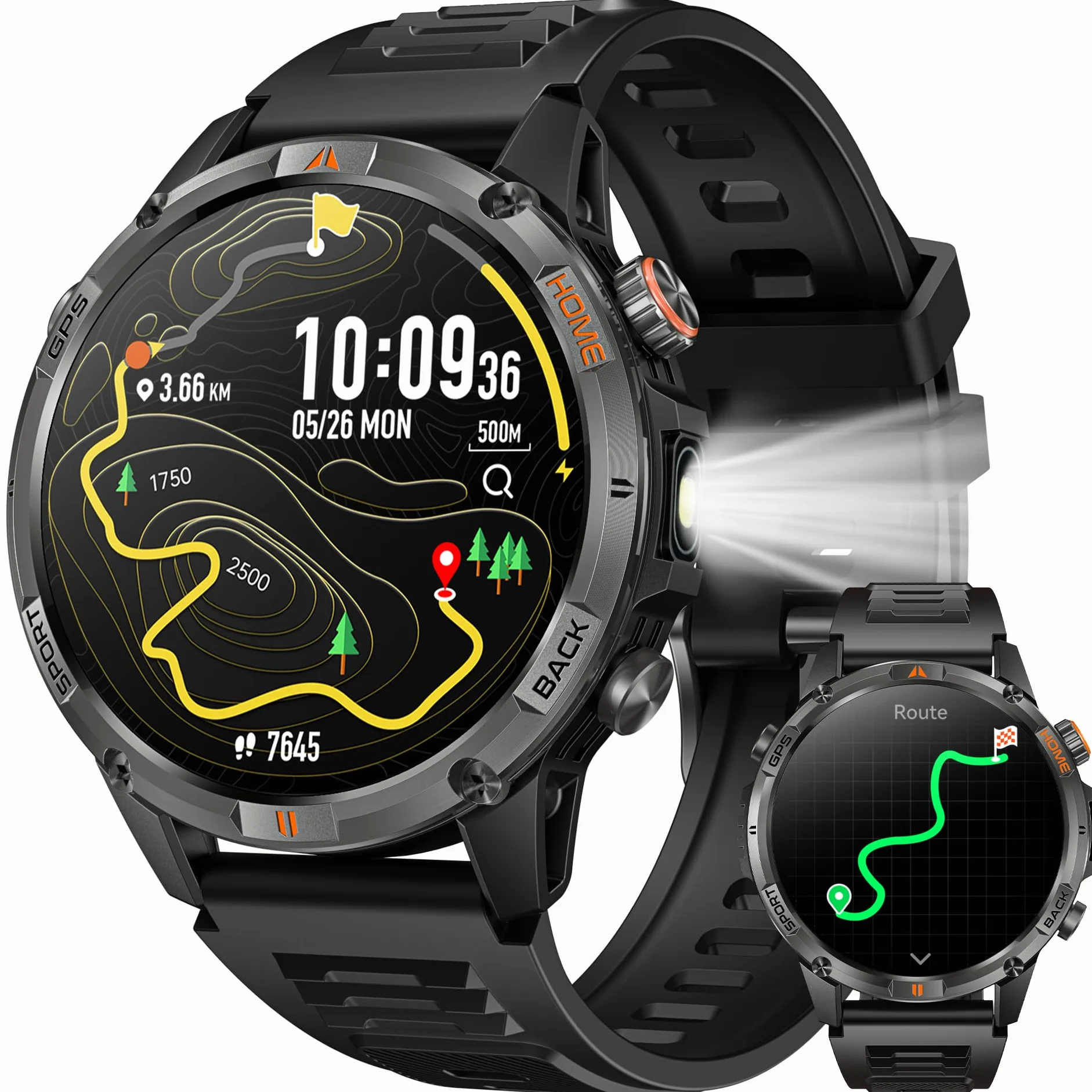 Montre Connectée Homme GPS Smartwatach: 1.46" HD Smart Watch Appel Bluetooth Fréquence Cardiaque SpO2 580mAh Batterie 100+ Modes Sportifs IP68 Etanche Surveillance Santé Torche LED pour iOS e Android